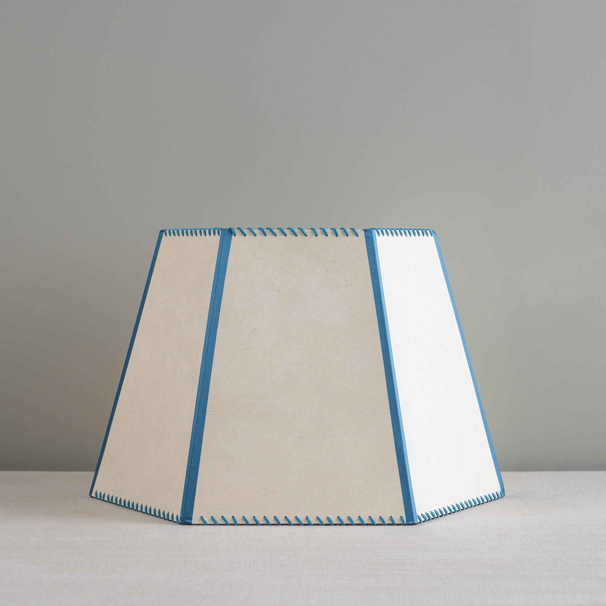  Townhouse Hexagonal Lamp Shade in Soft White with Peacock Blue Trim & Stitching 