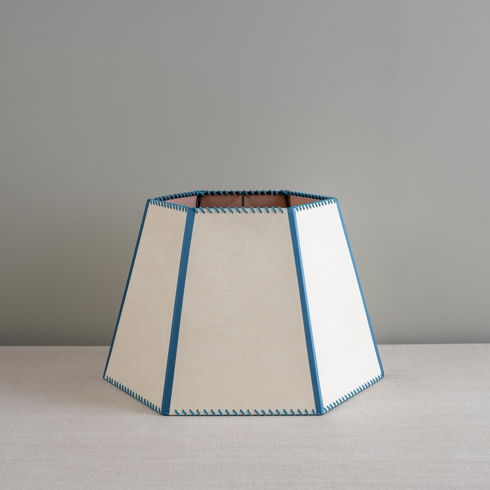  Townhouse Hexagonal Lamp Shade in Soft White with Peacock Blue Trim & Stitching 