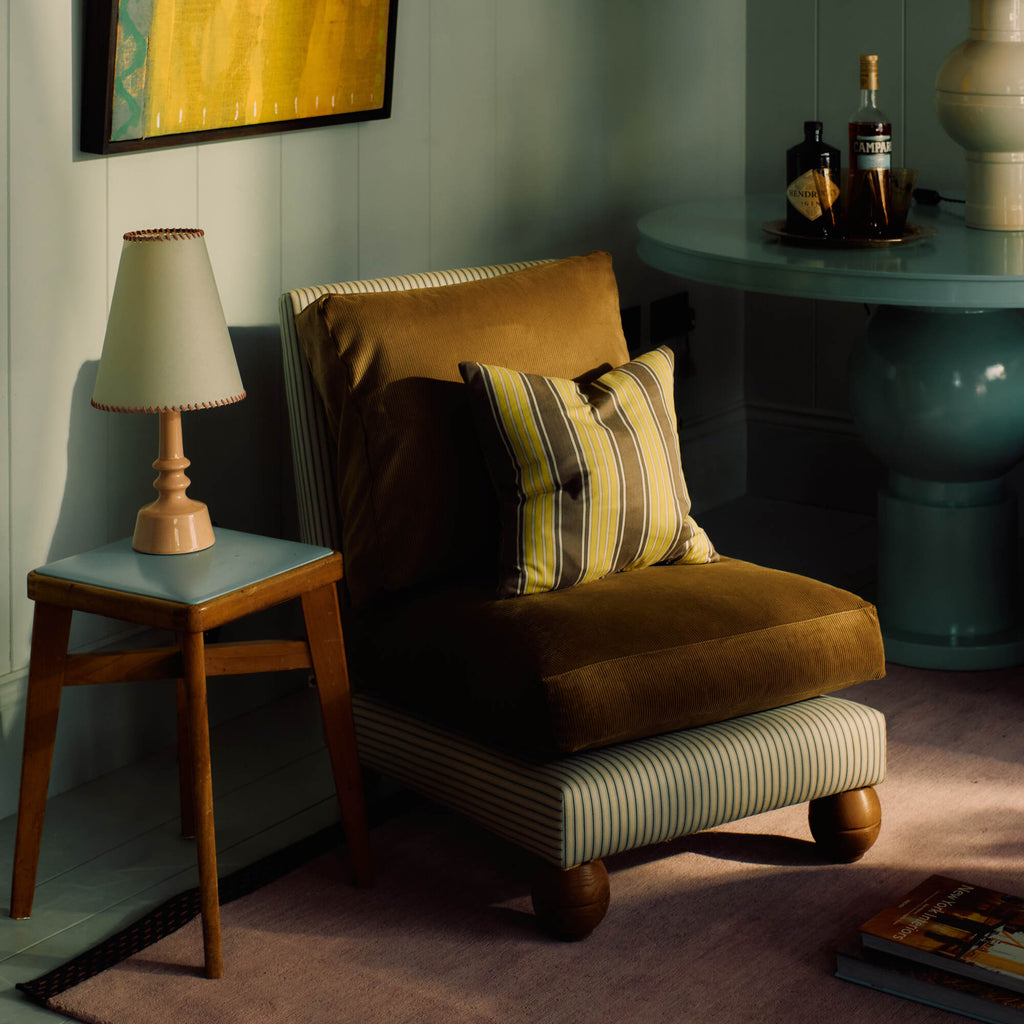  Perch Armchair styled with NiX cushion and table lamp by Nicola Harding interior design 