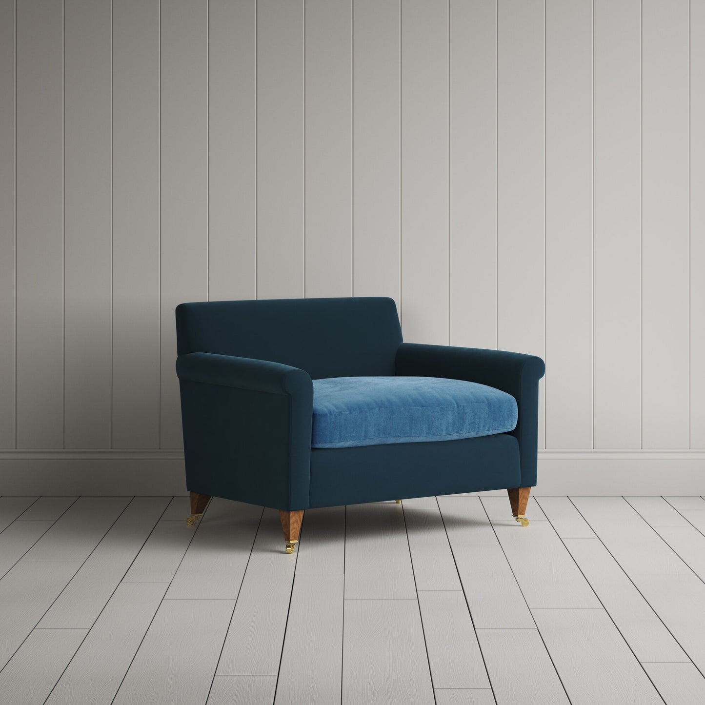 Idler Love Seat in Intelligent Velvet Aegean Frame and Classic Corduroy Harbour Blue Seat