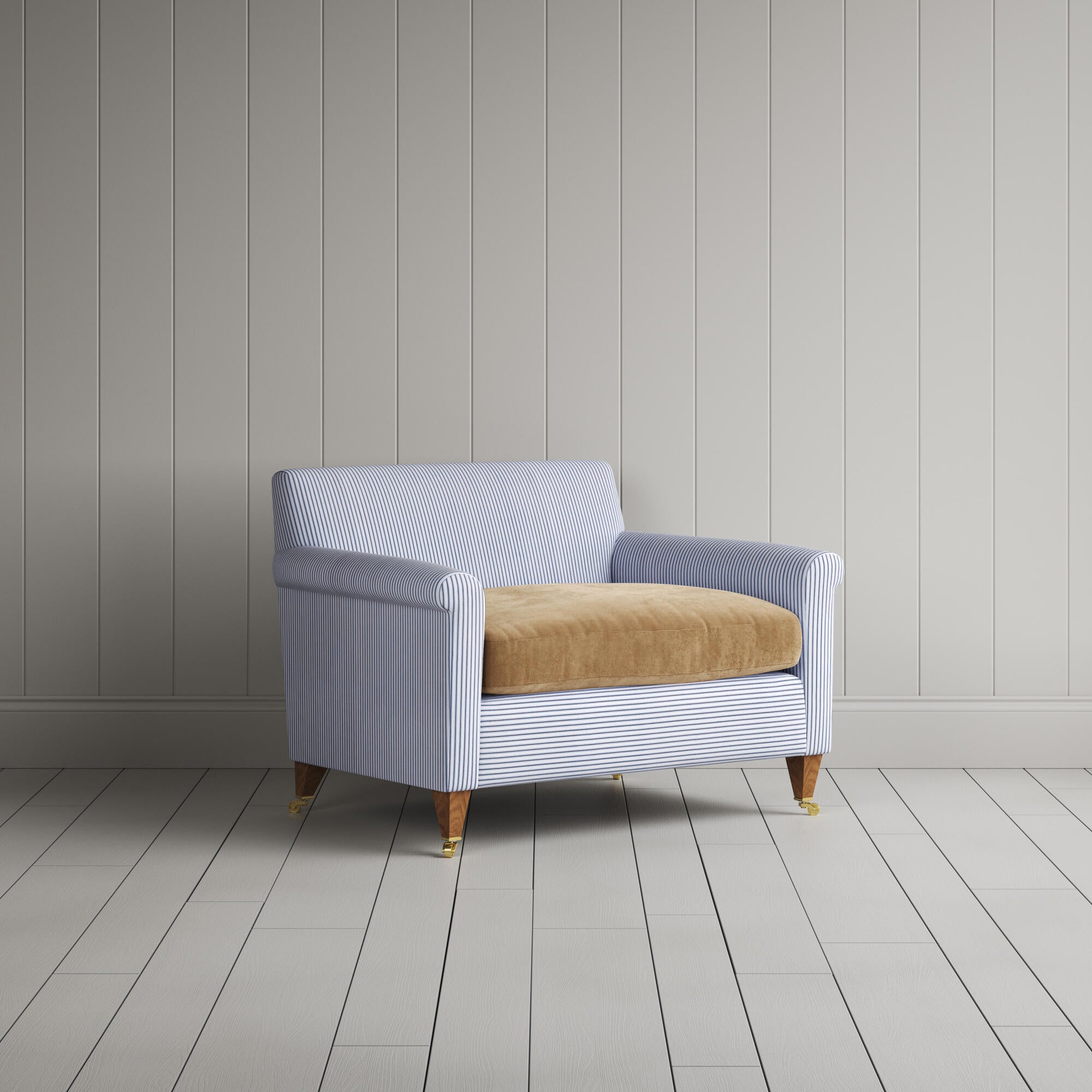  Idler Love Seat in Ticking Aqua Brown Frame and Classic Corduroy Stone Beige Seat 
