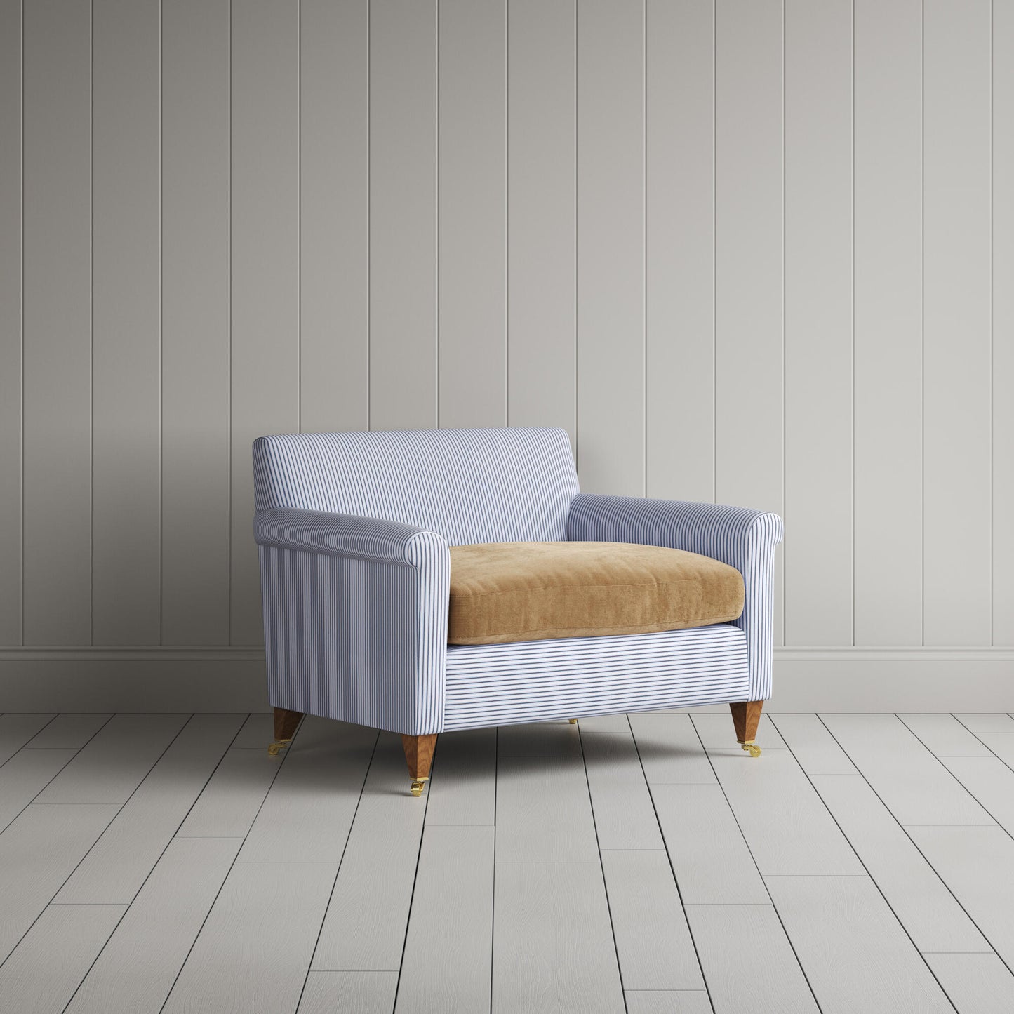Idler Love Seat in Ticking Aqua Brown Frame and Classic Corduroy Stone Beige Seat