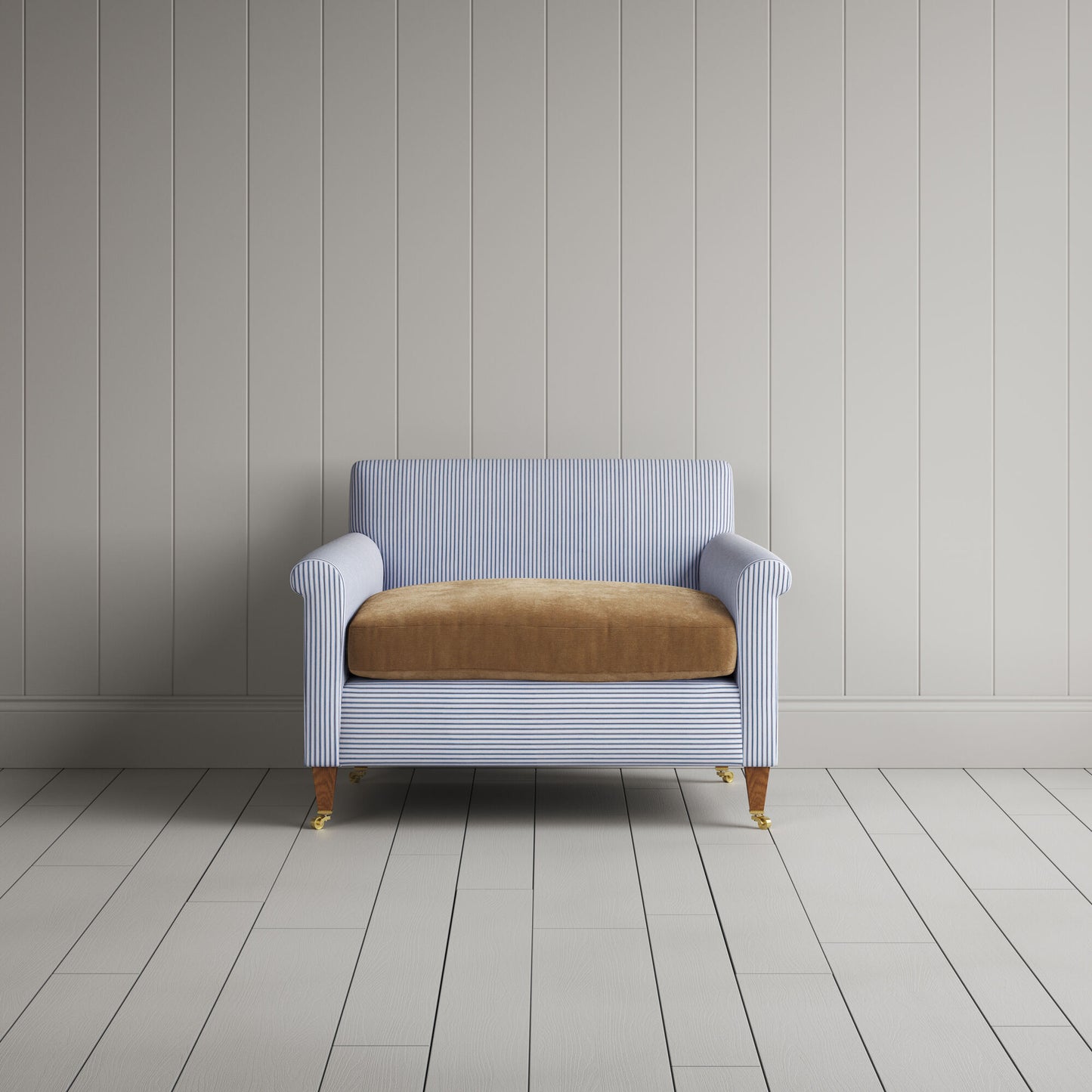 Idler Love Seat in Ticking Aqua Brown Frame and Classic Corduroy Stone Beige Seat