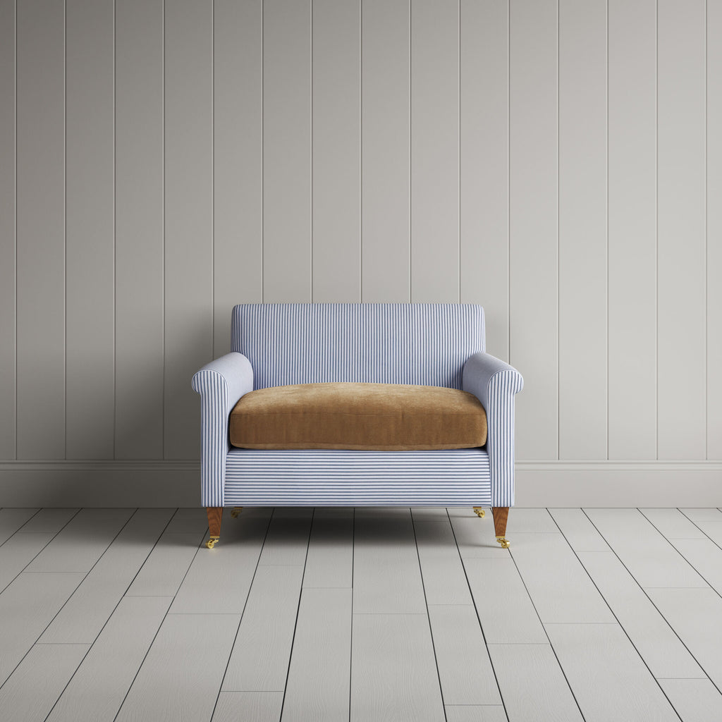  Idler Love Seat in Ticking Aqua Brown Frame and Classic Corduroy Stone Beige Seat 