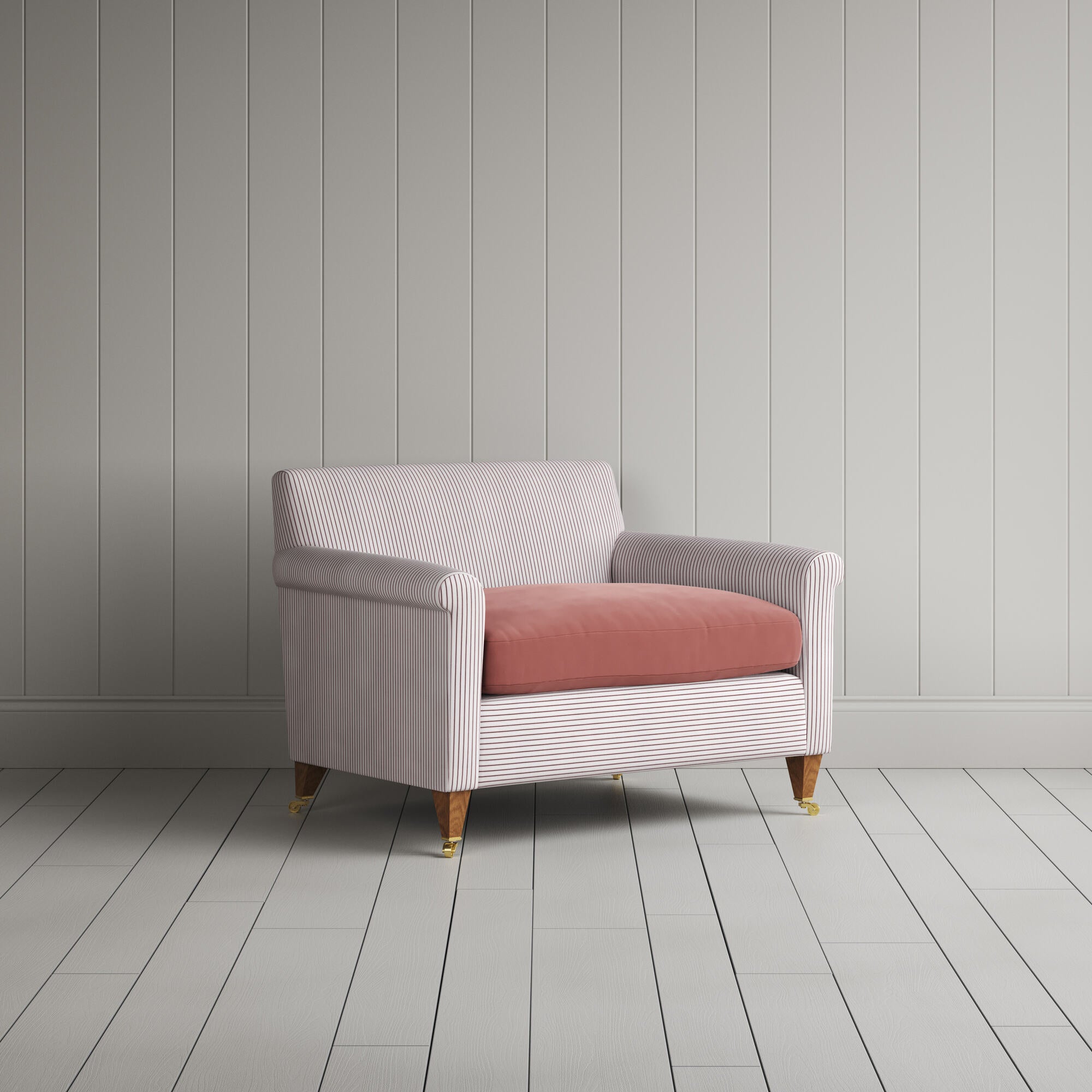  Idler Love Seat in Ticking Berry Frame and Intelligent Velvet Damson Seat 