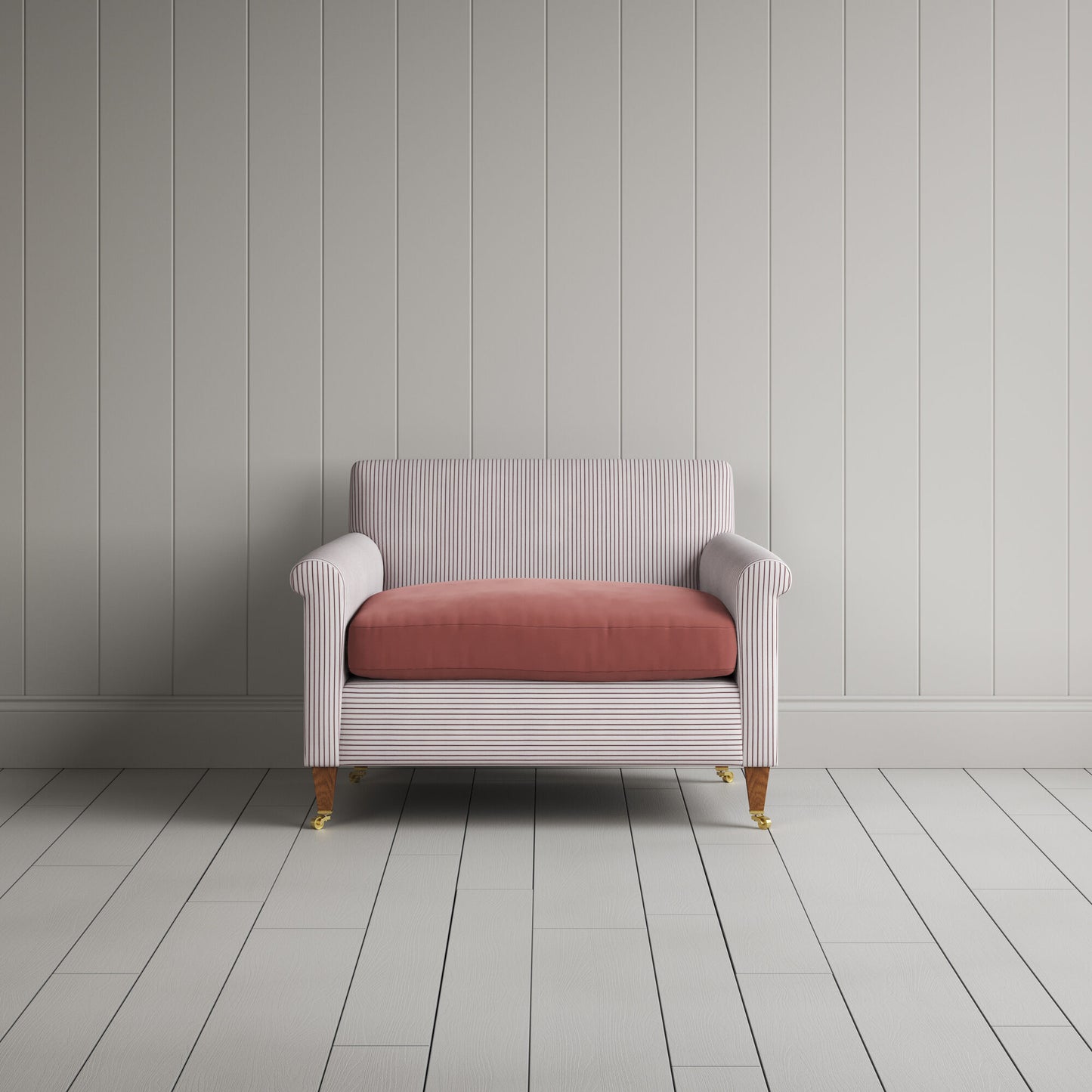 Idler Love Seat in Ticking Berry Frame and Intelligent Velvet Damson Seat