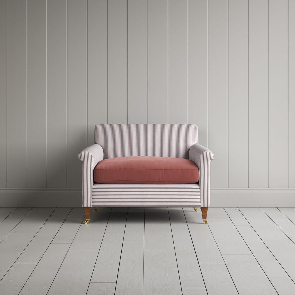  Idler Love Seat in Ticking Berry Frame and Intelligent Velvet Damson Seat 