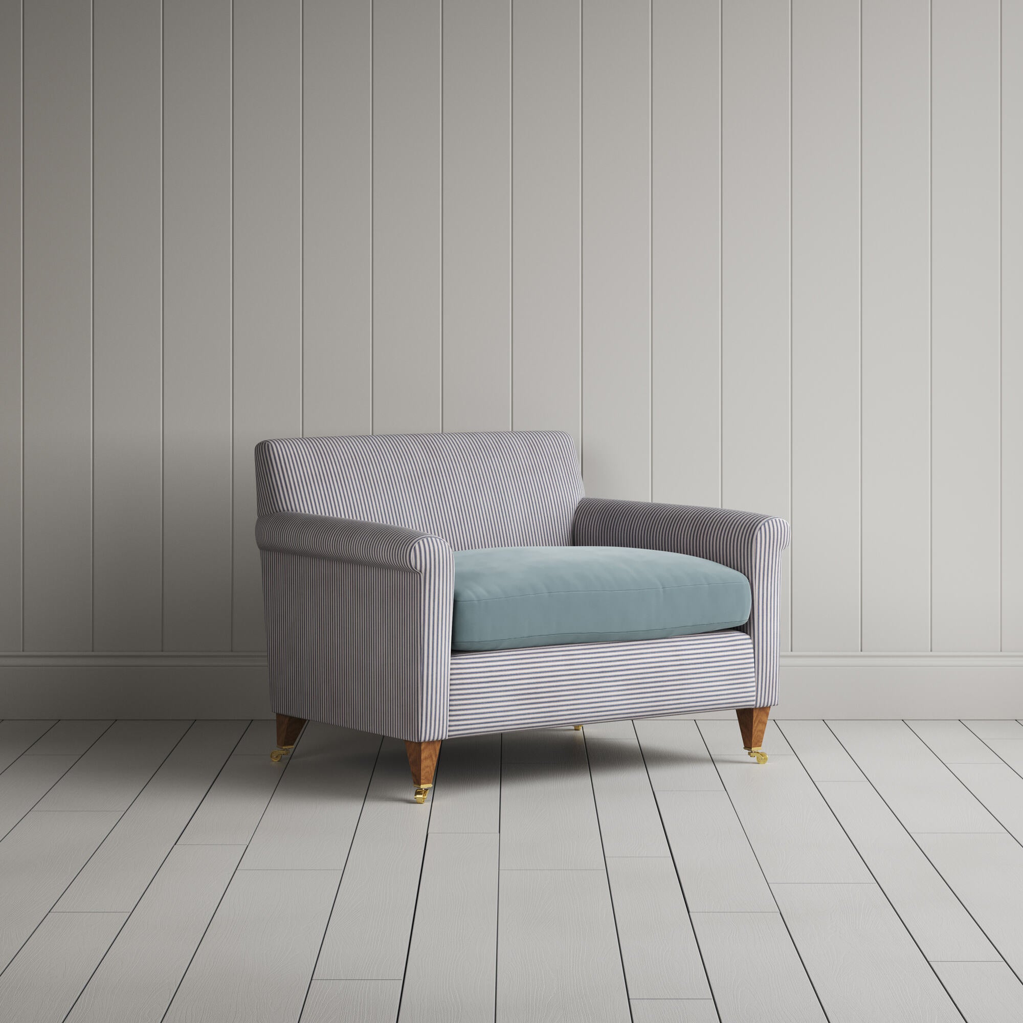  Idler Love Seat in Ticking Blue Brown Frame and Intelligent Velvet Mineral Seat 