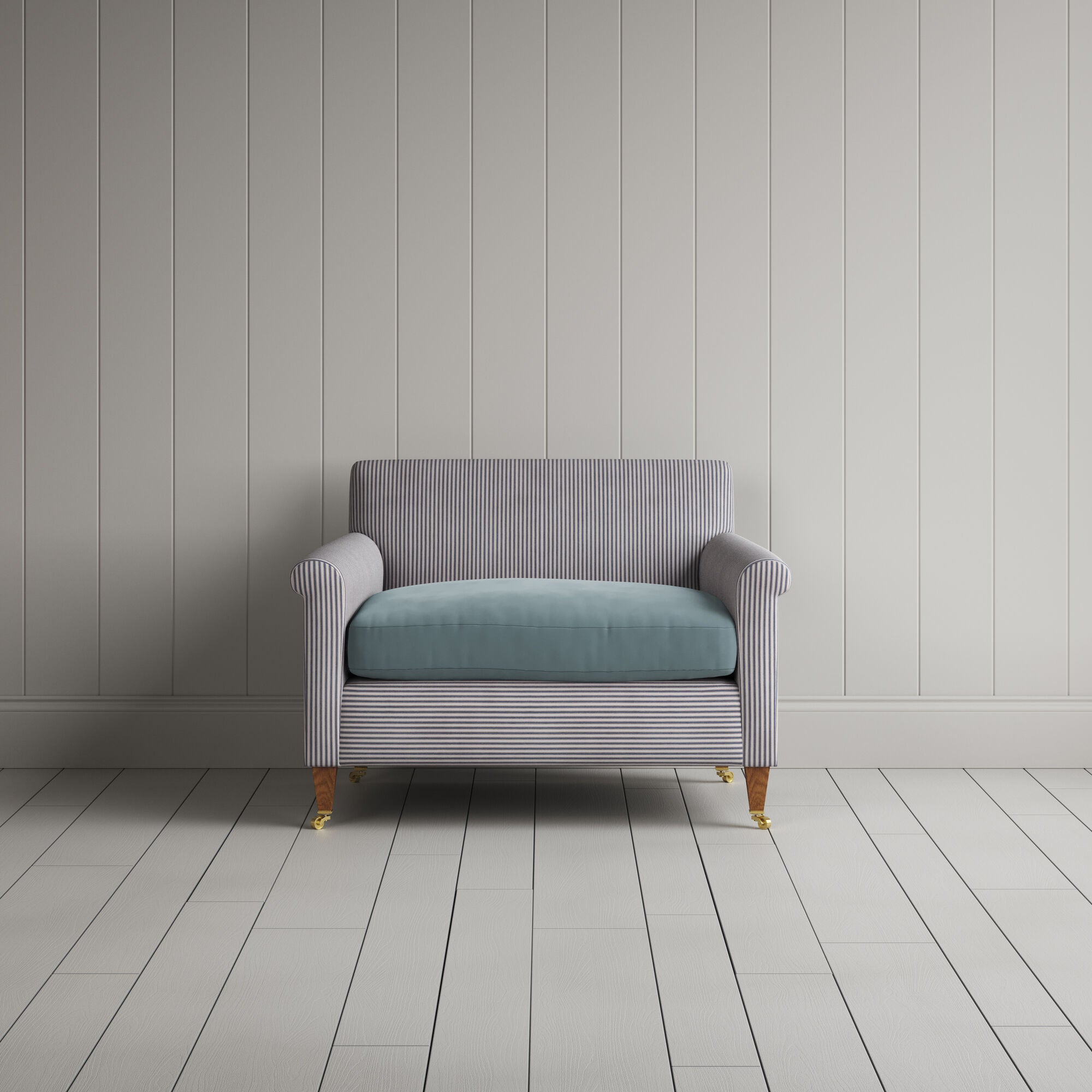  Idler Love Seat in Ticking Blue Brown Frame and Intelligent Velvet Mineral Seat 