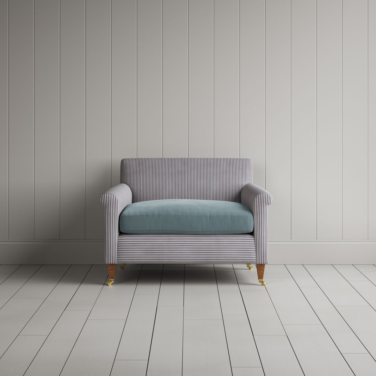 Idler Love Seat in Ticking Blue Brown Frame and Intelligent Velvet Mineral Seat