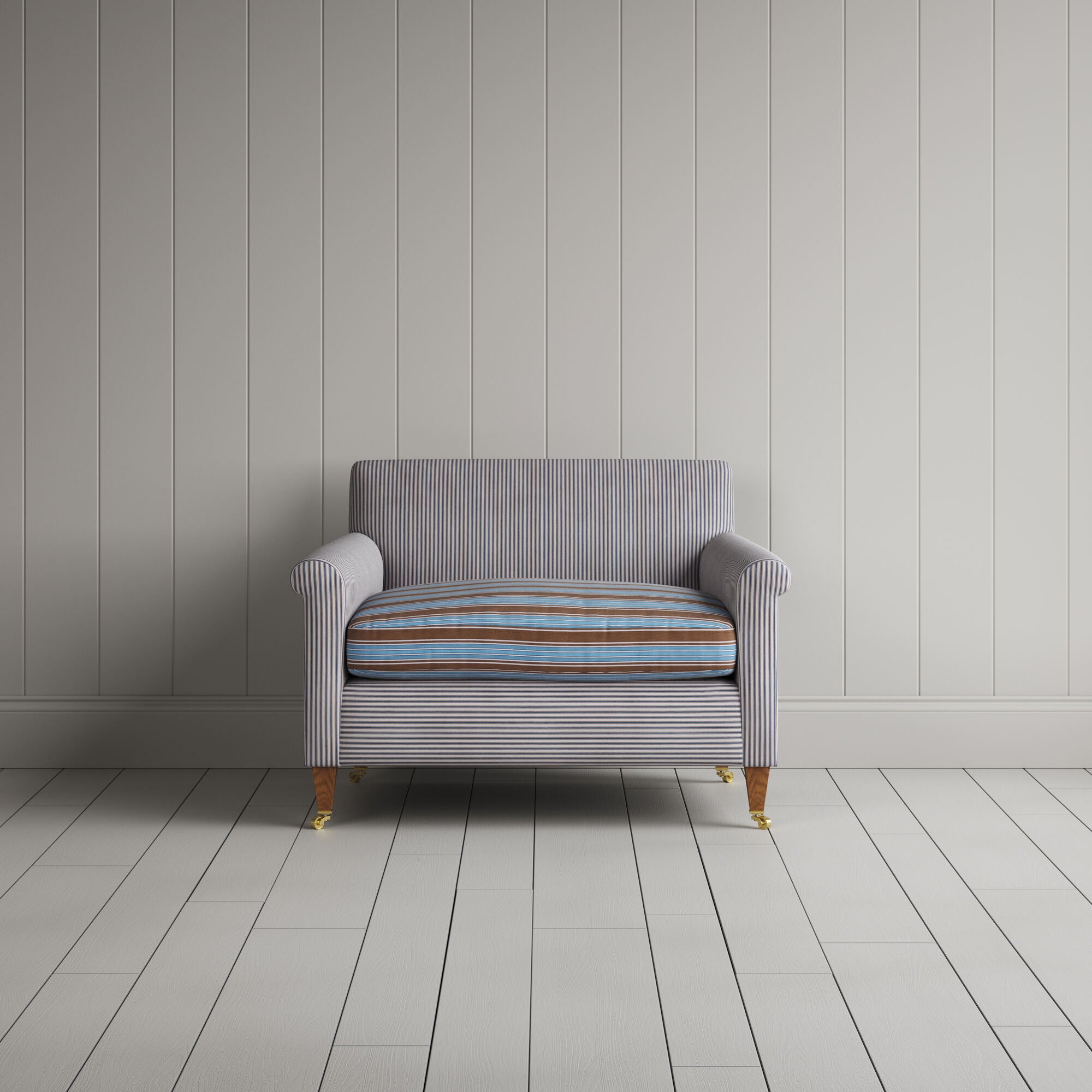  Idler Love Seat in Ticking Blue Brown Frame and Regatta Blue Seat 