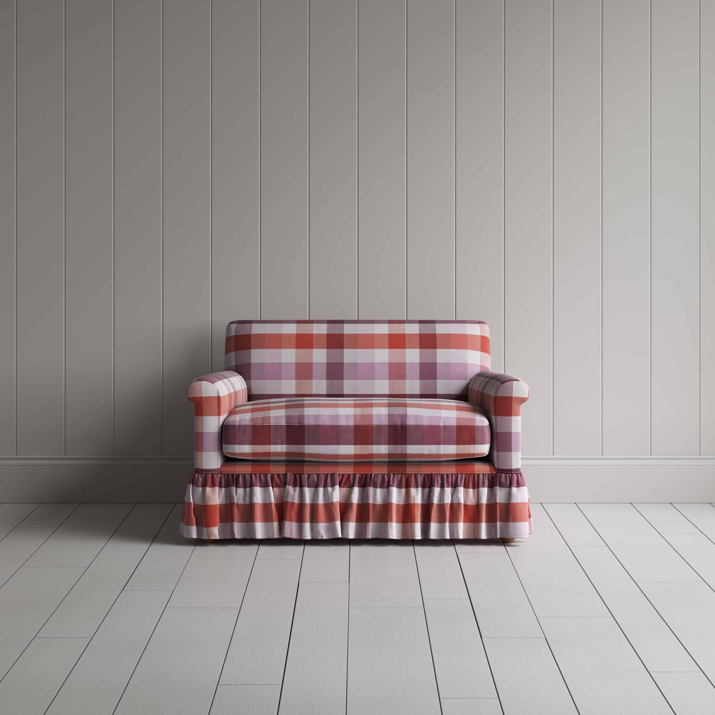 Curtain Call Love Seat in Checkmate Cotton, Berry - Nicola Harding