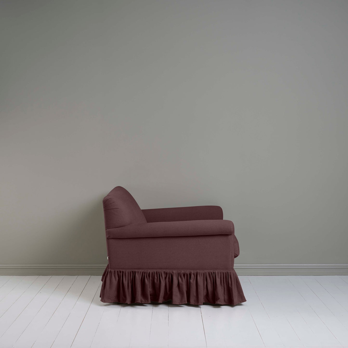 Side View of Curtain Call Love Seat in  Purple(Damson) - Nicola Harding