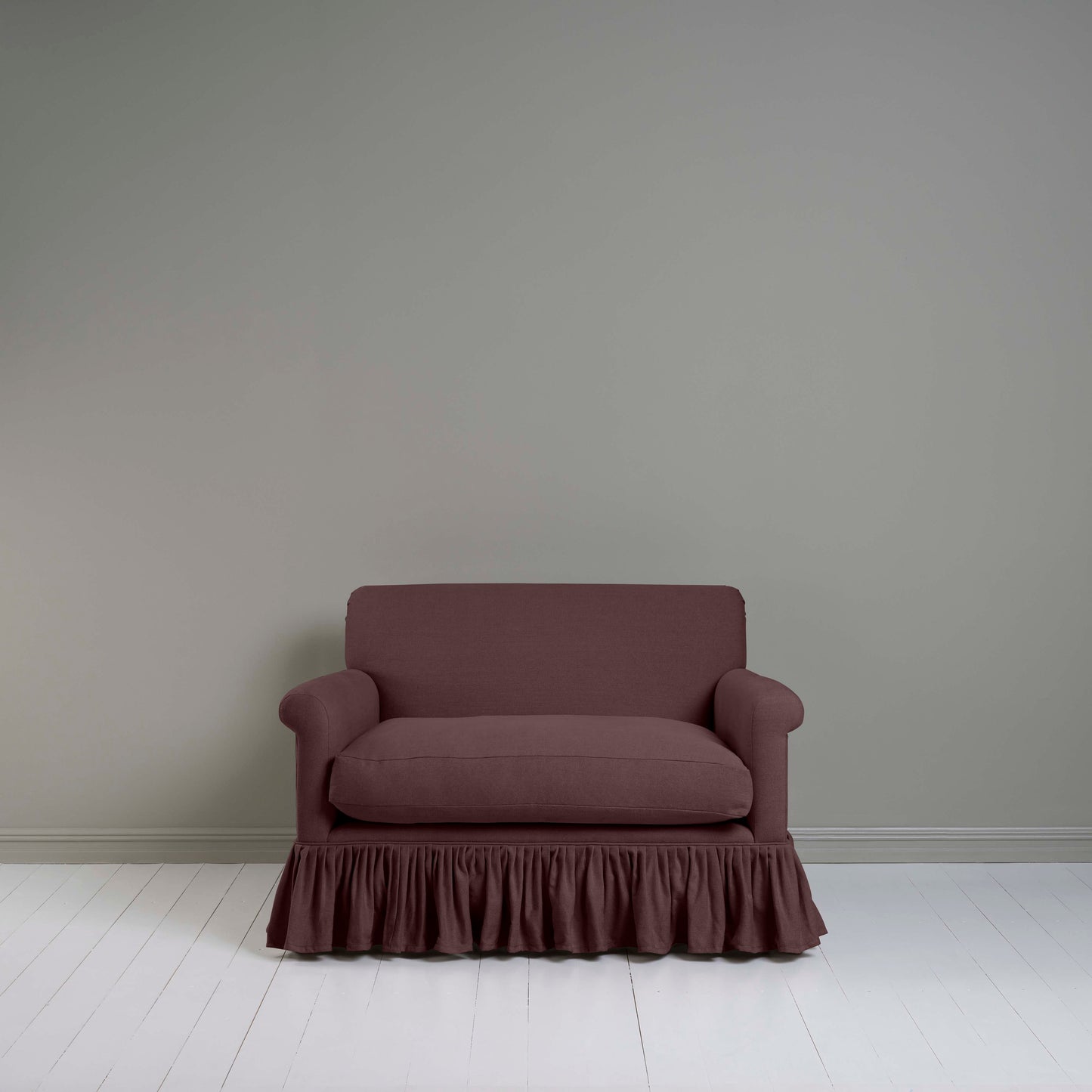 Front View of Curtain Call Love Seat in Laidback Linen Damson - Nicola Harding