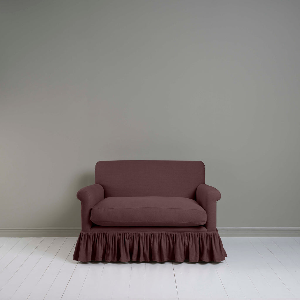  Front View of Curtain Call Love Seat in Laidback Linen Damson - Nicola Harding 