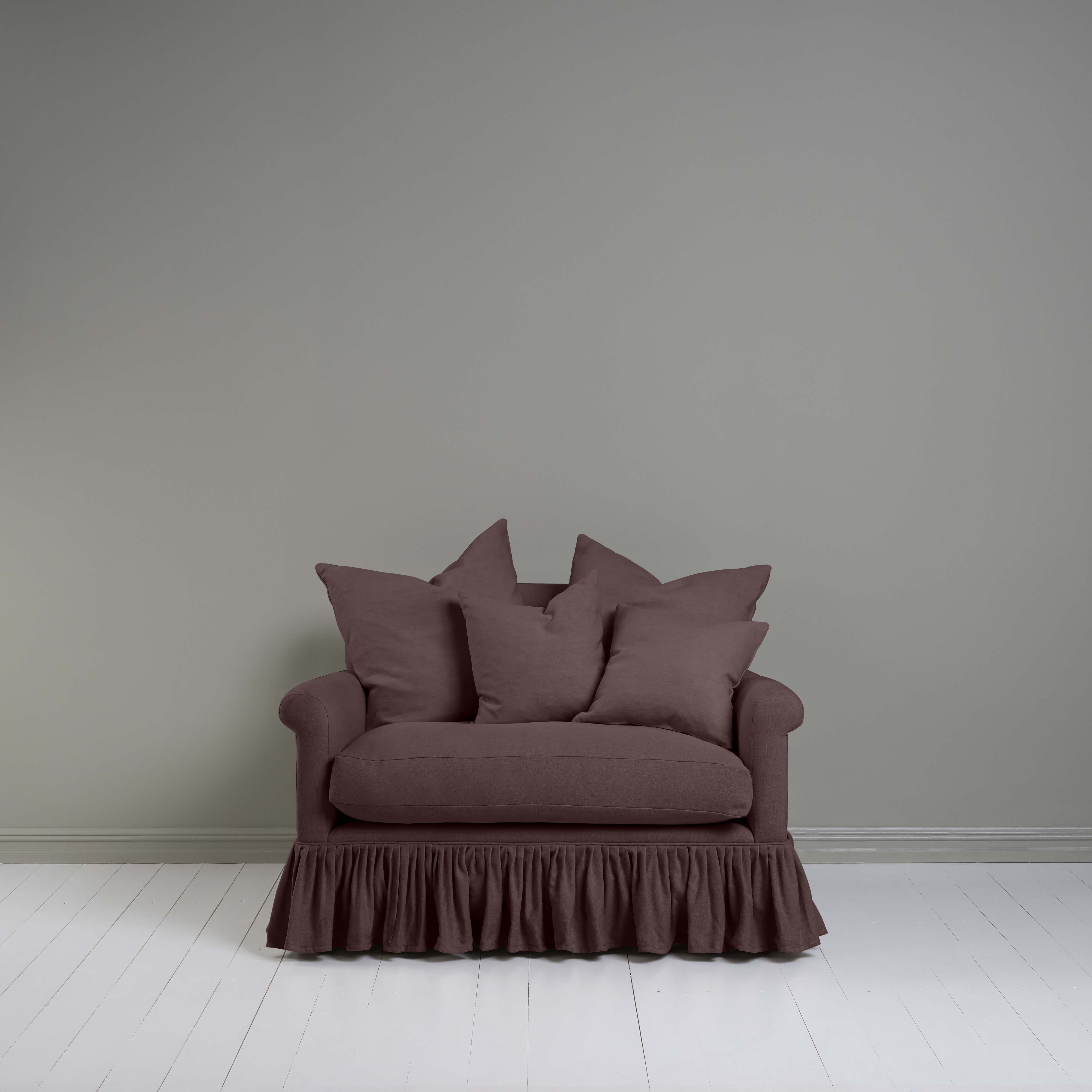  Front View of Curtain Call Love Seat in  Purple(Damson) With Multiple Cushions - Nicola Harding 