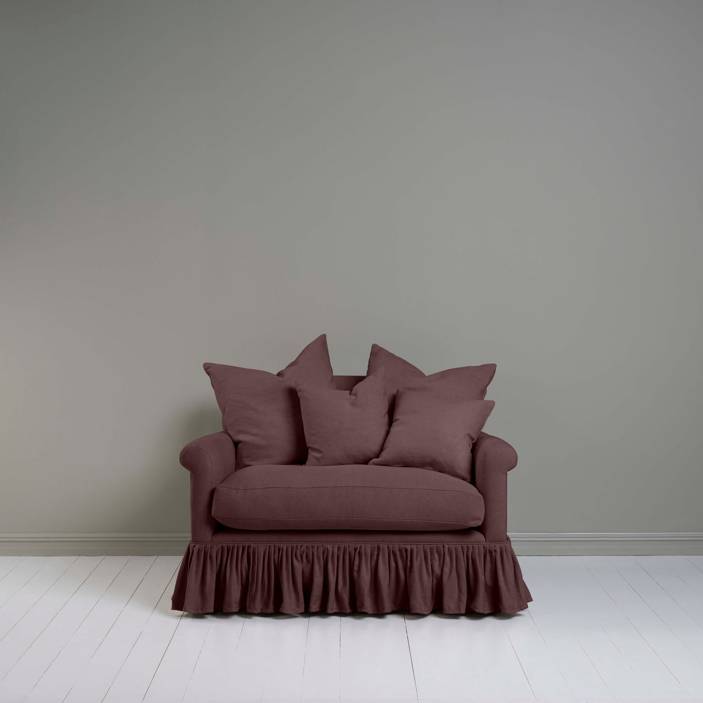 Front View of Curtain Call Love Seat in  Purple(Damson) With Multiple Cushions - Nicola Harding