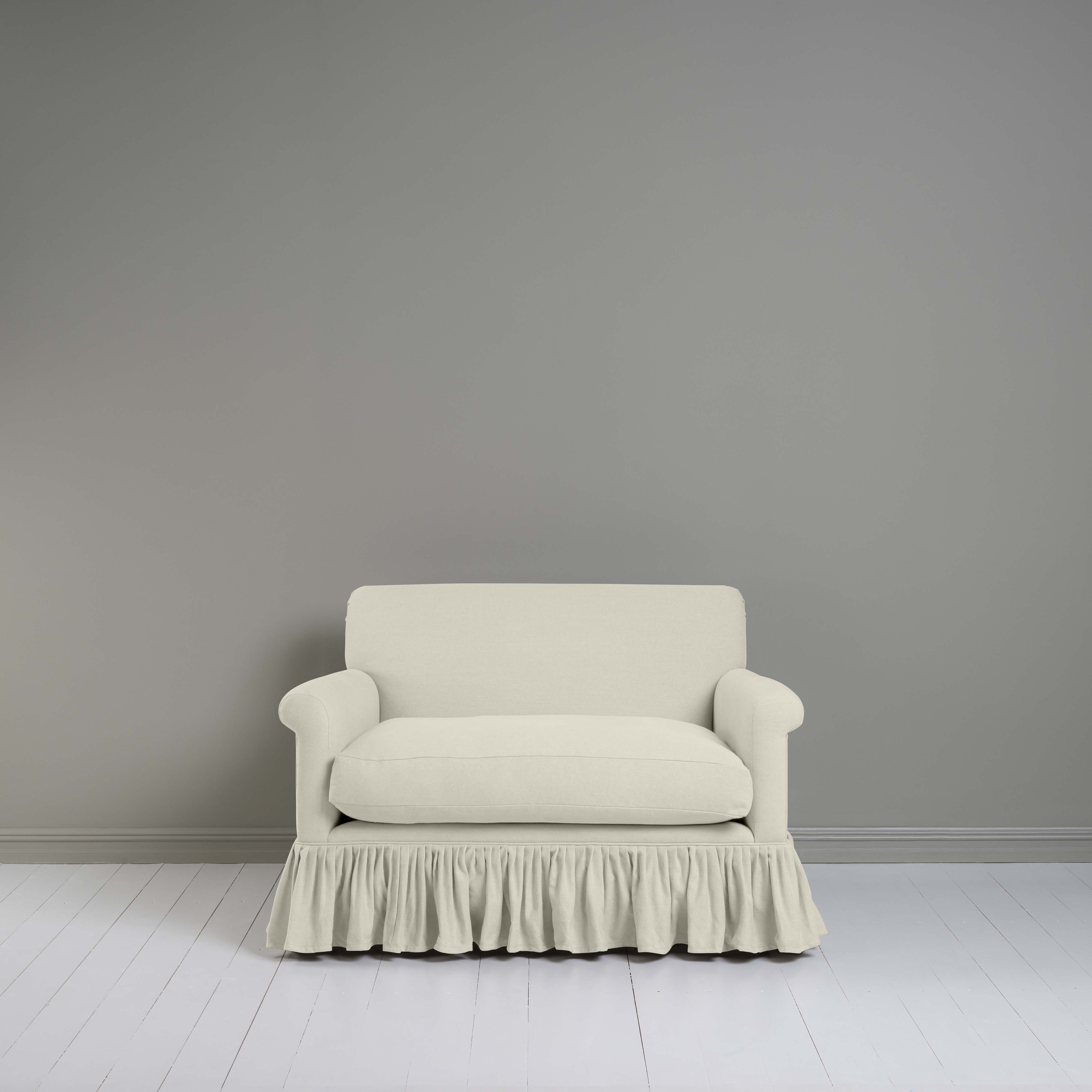  Front View of Curtain Call Love Seat in white(Dove) Color- Nicola Harding 