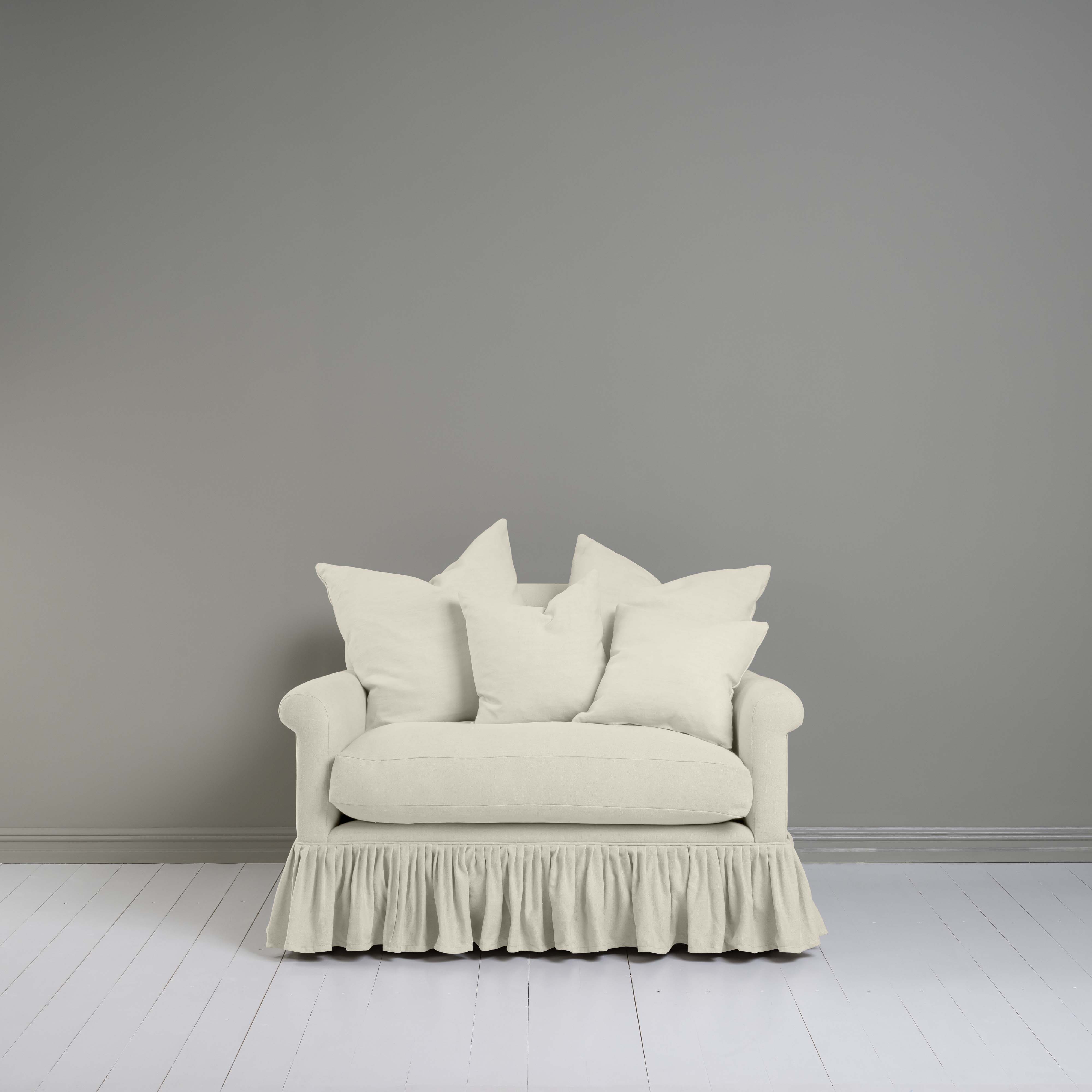  Front View of Curtain Call Love Seat in white(Dove) Color With Matching Cushions - Nicola Harding 