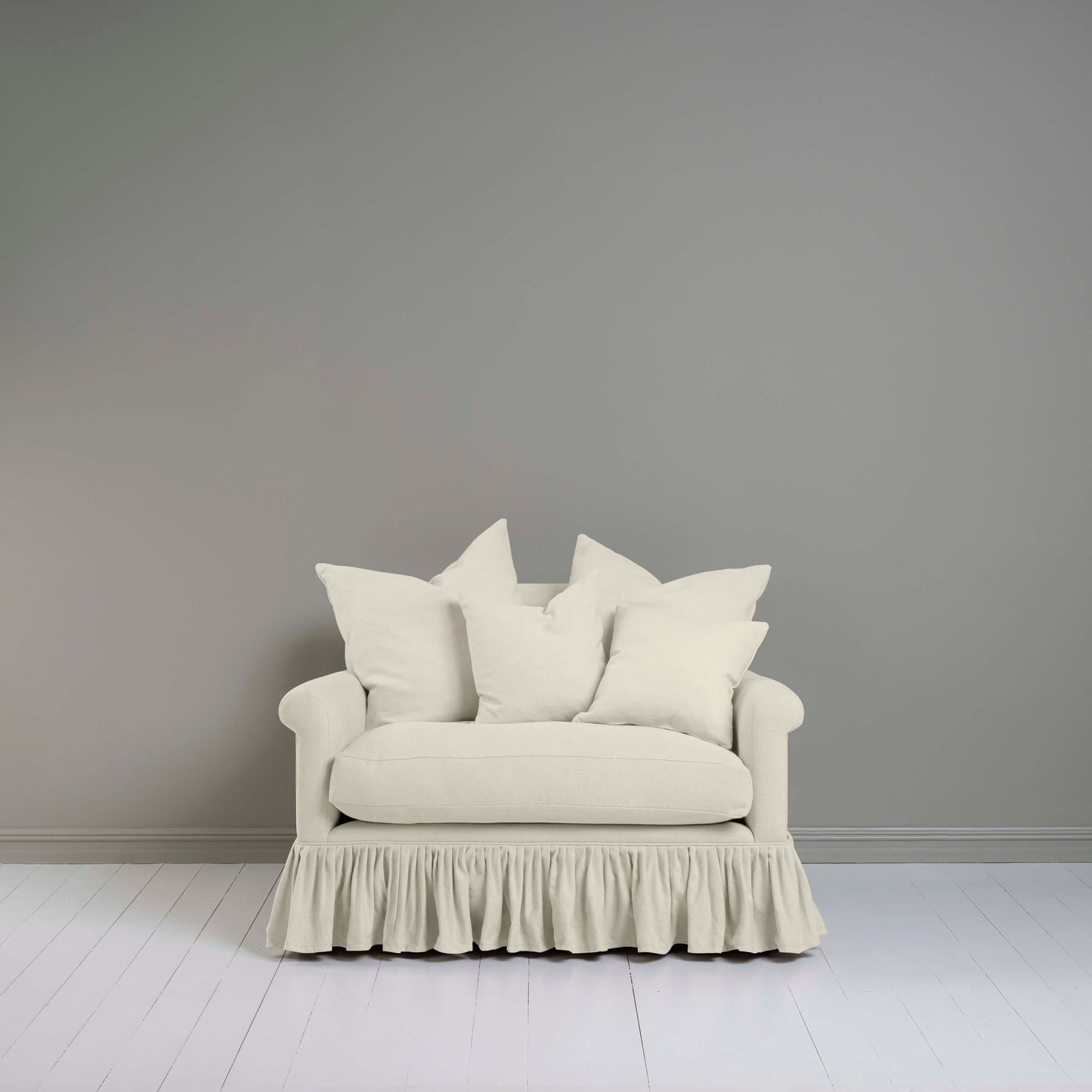 Front View of Curtain Call Love Seat in white(Dove) Color With Matching Cushions - Nicola Harding