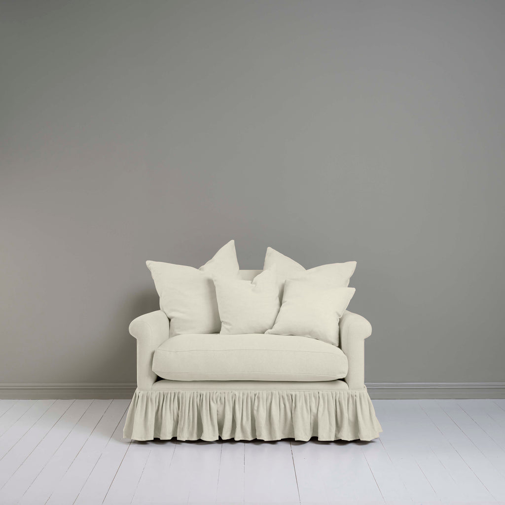  Front View of Curtain Call Love Seat in white(Dove) Color With Matching Cushions - Nicola Harding 
