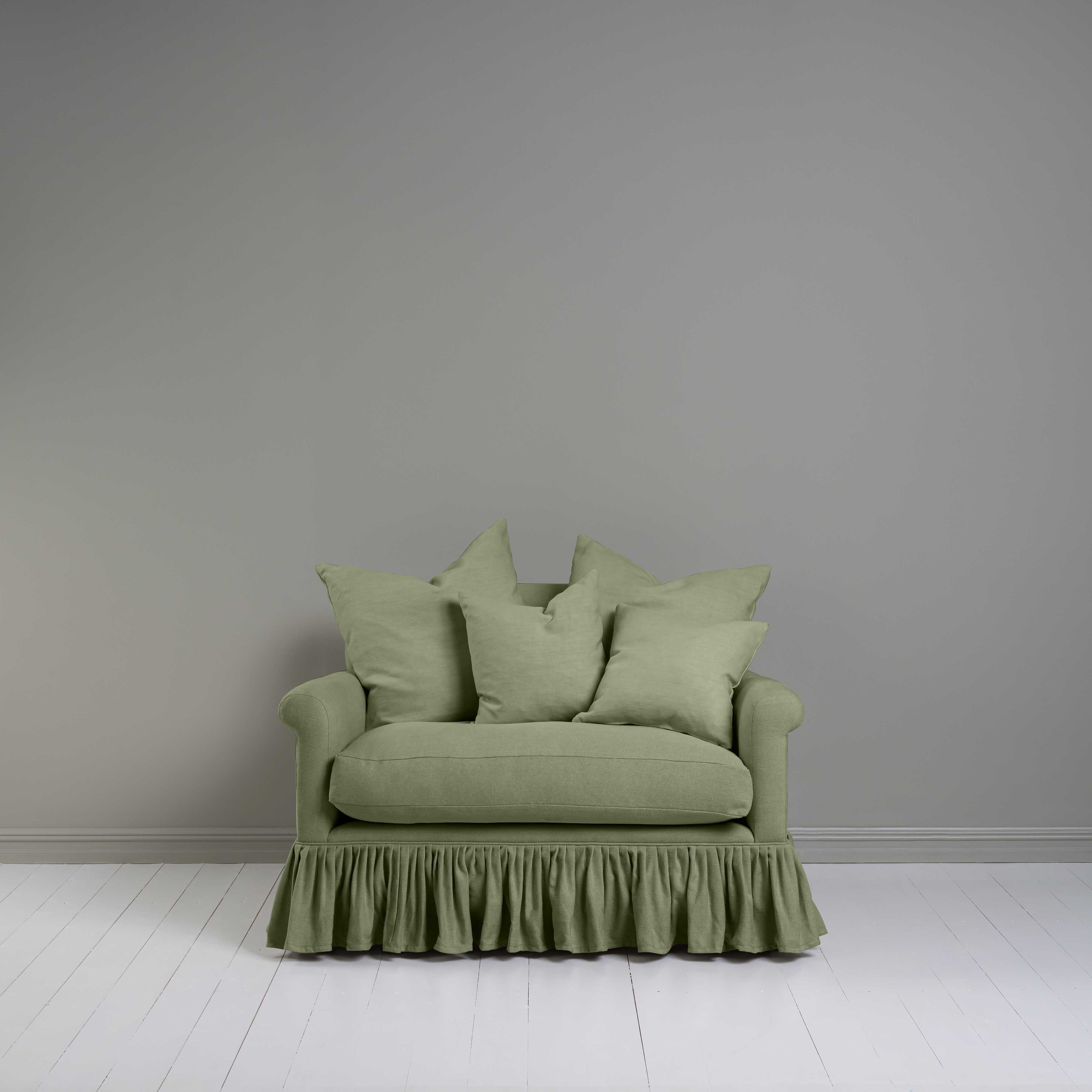  Front View of Curtain Call Love Seat in Green(Moss) With Cushions - NiX By Nicola Harding 