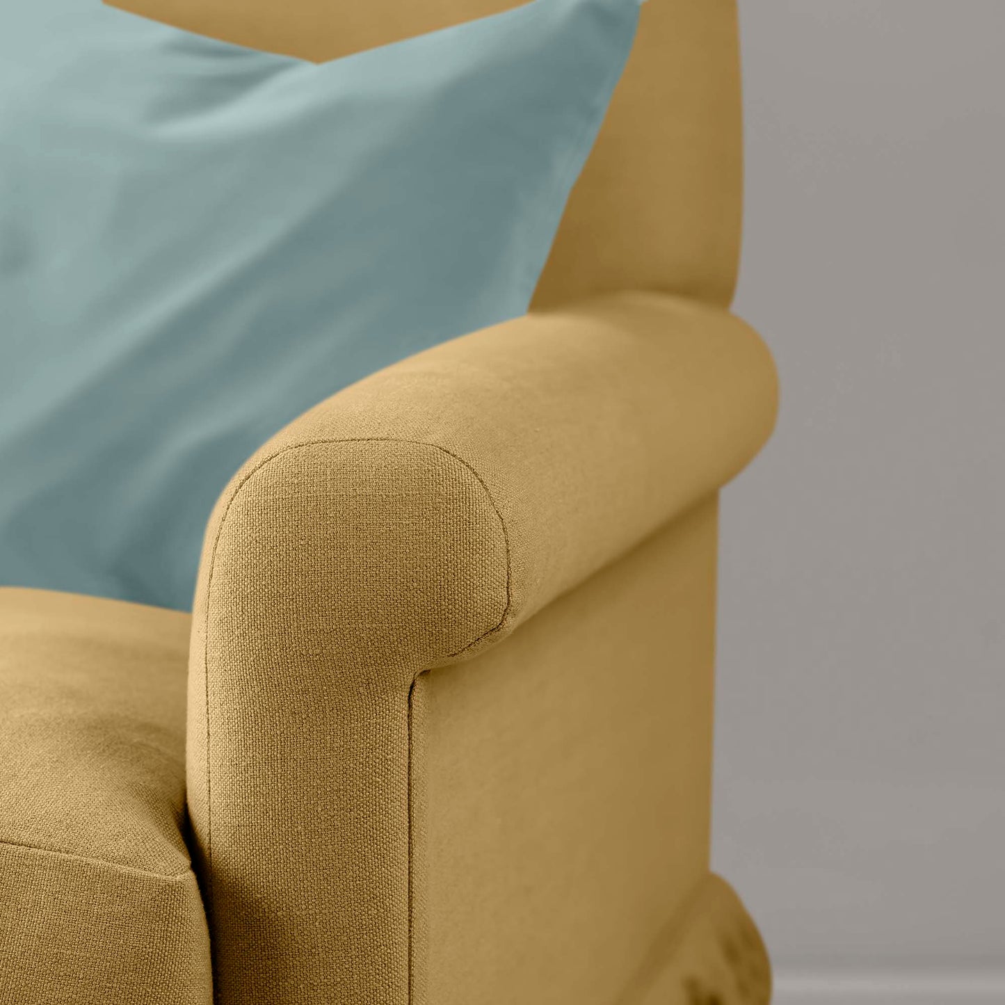 Arm Design Closeup of Curtain Call Love Seat in Yellow(Ochre) - By Nicola Harding & Co.