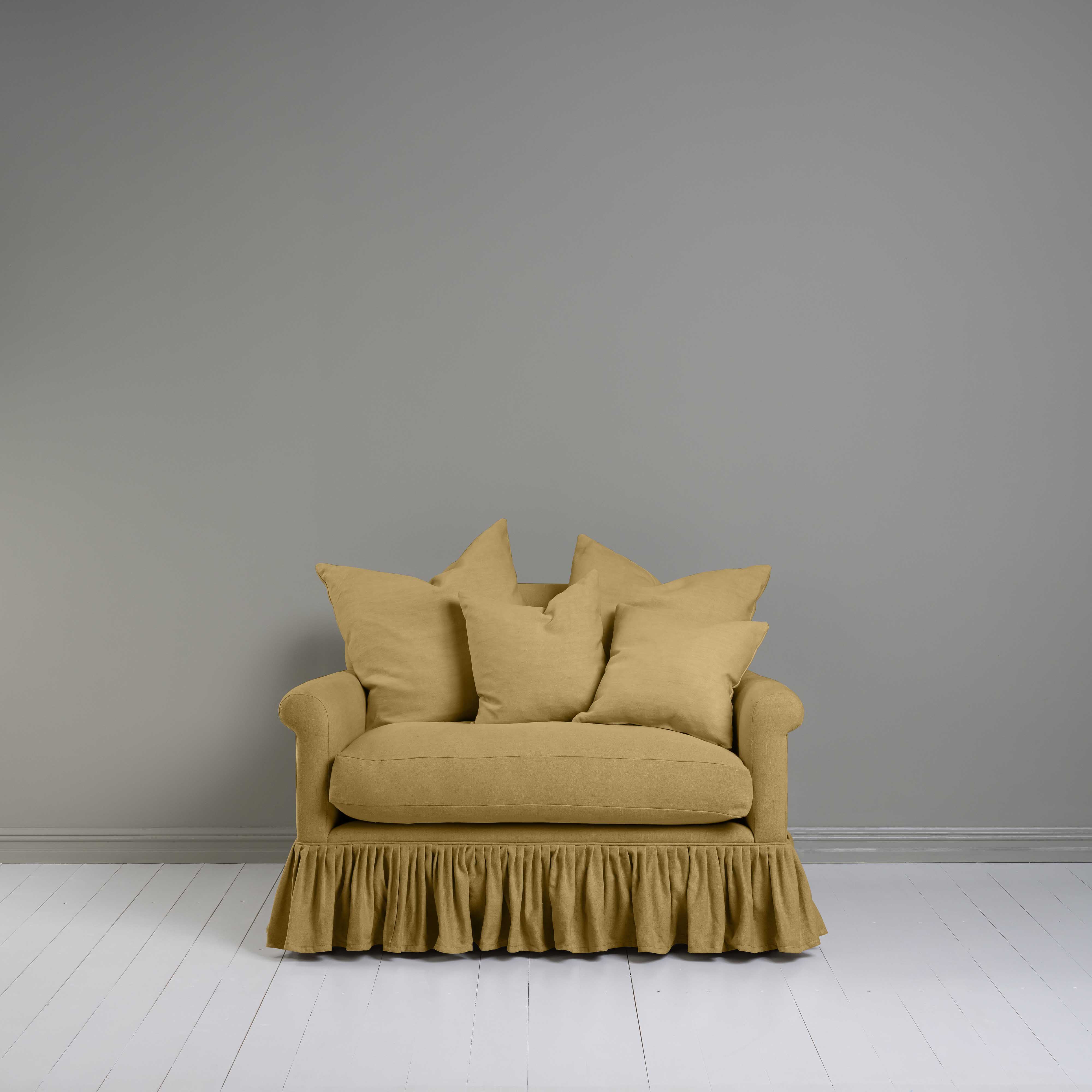  Front View of Curtain Call Love Seat in Yellow(Ochre). With Multiple Cushions - By NiX 