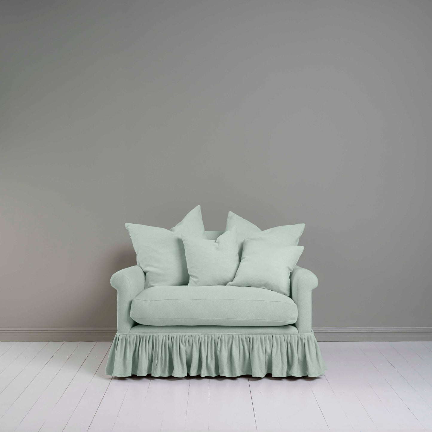 Front View of Curtain Call Love Seat in Sky Blue Color With Cushions - NiX