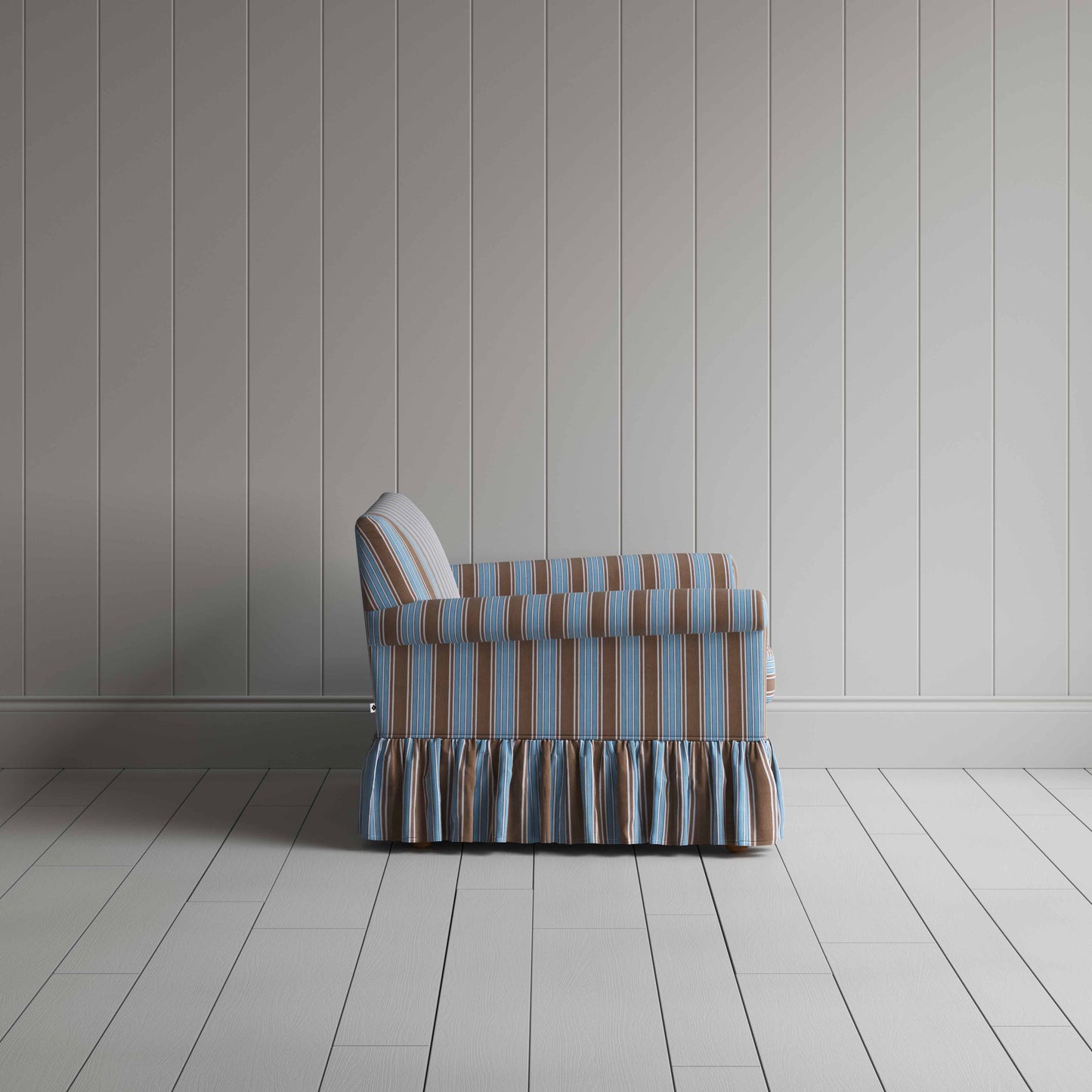 Side View Curtain Call Love Seat in Regatta Cotton, Blue - Nicola Harding & Co.