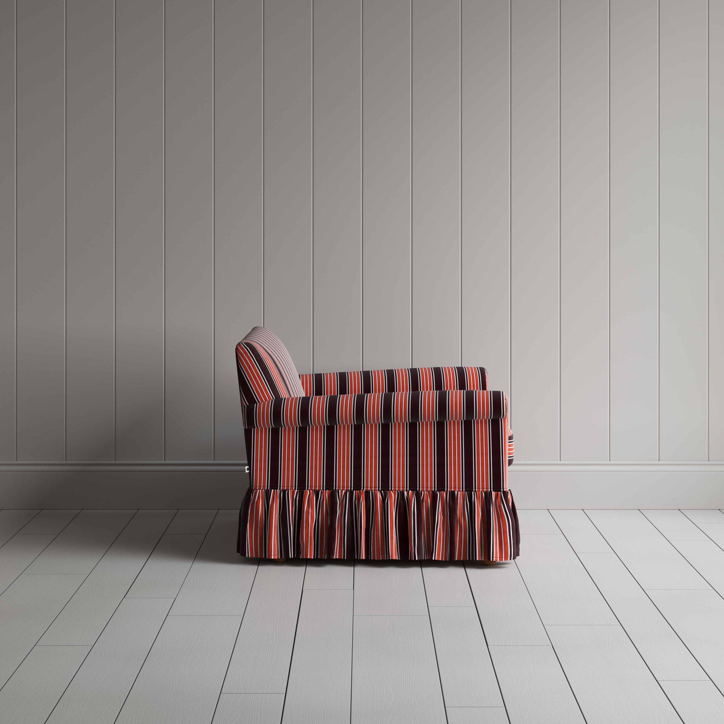 Side View of Love Seat in Regatta Cotton, Flame - Nicola Harding