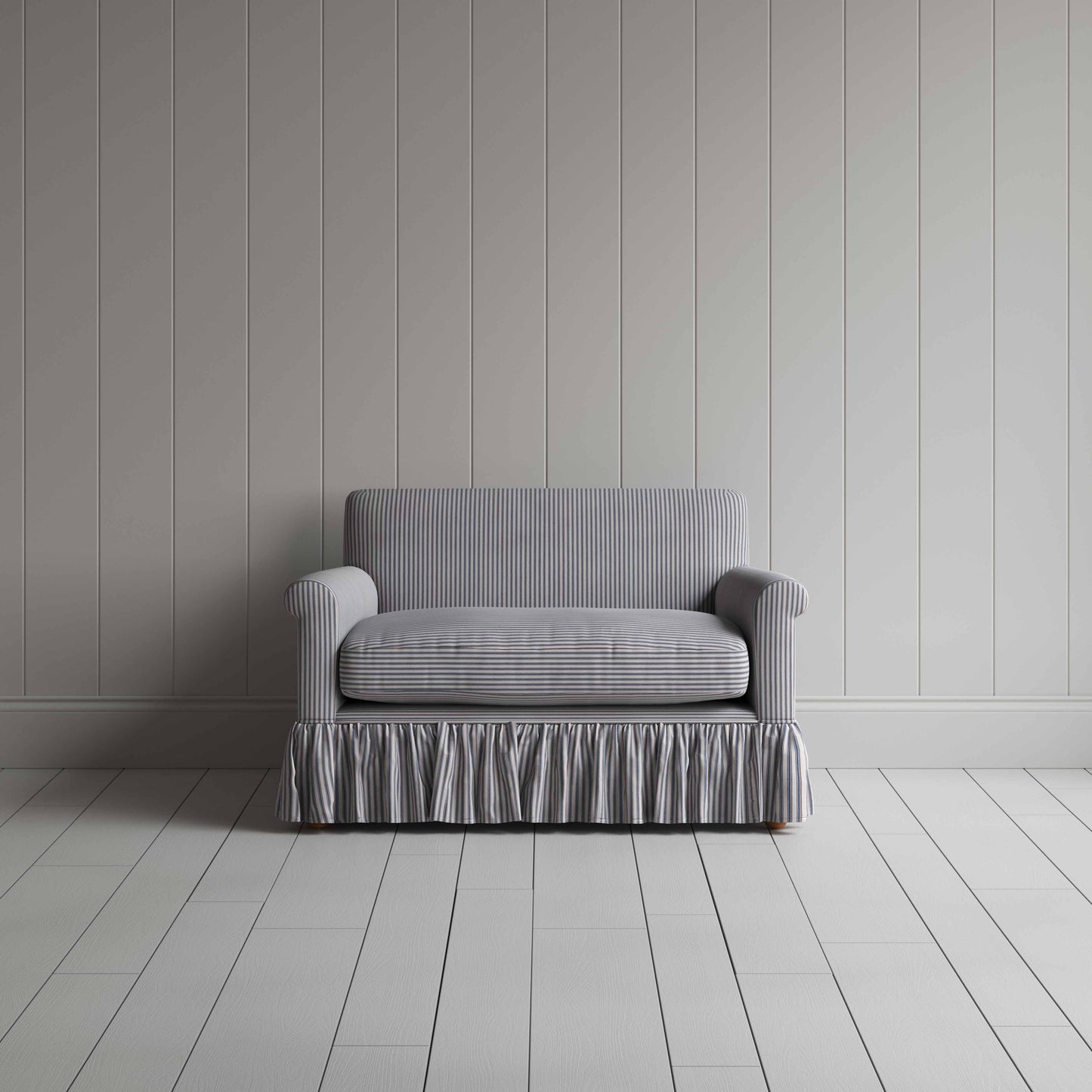 Curtain Call Love Seat in Ticking Cotton, Blue Brown - Nicola Harding