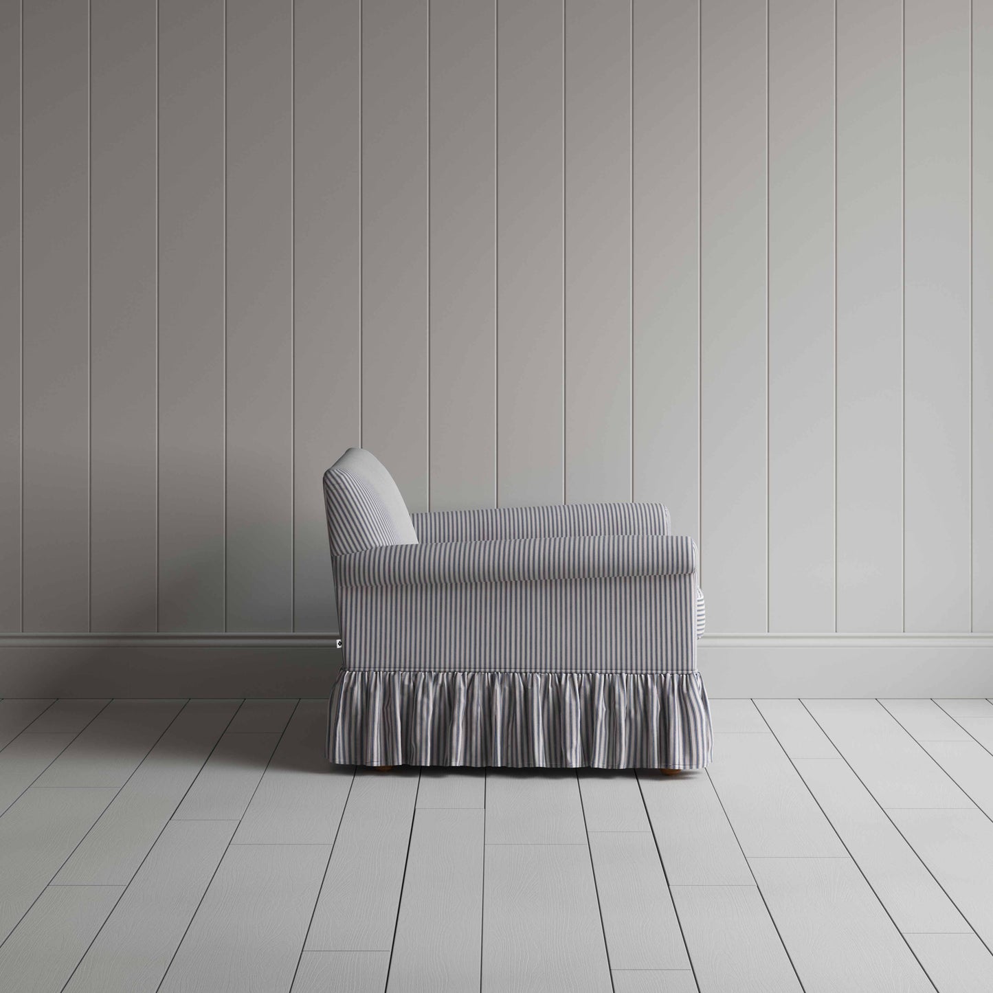Curtain Call Love Seat in Ticking Cotton, Blue Brown - Nicola Harding
