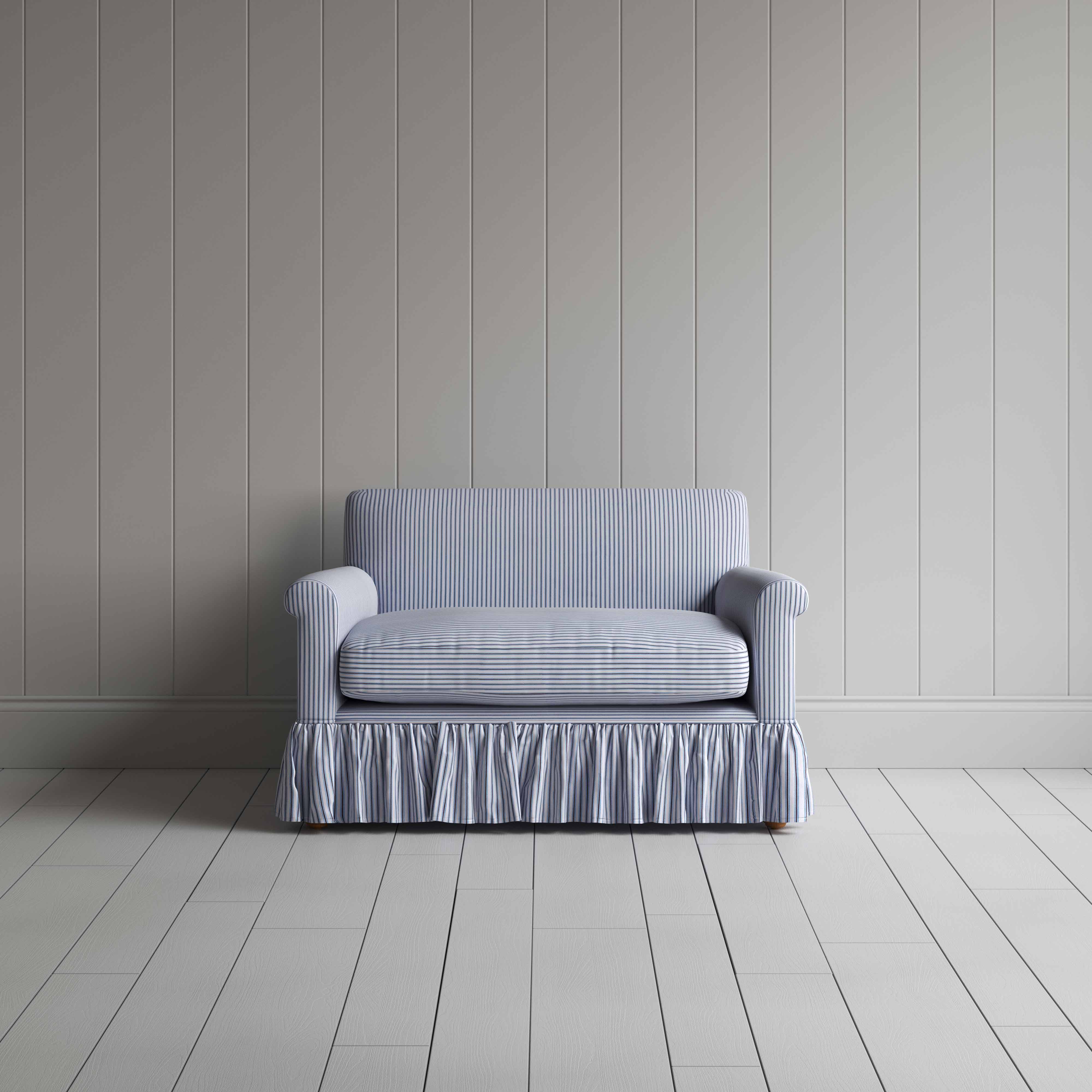  Curtain Call Love Seat in Ticking Cotton, Aqua Brown - Nicola Harding 