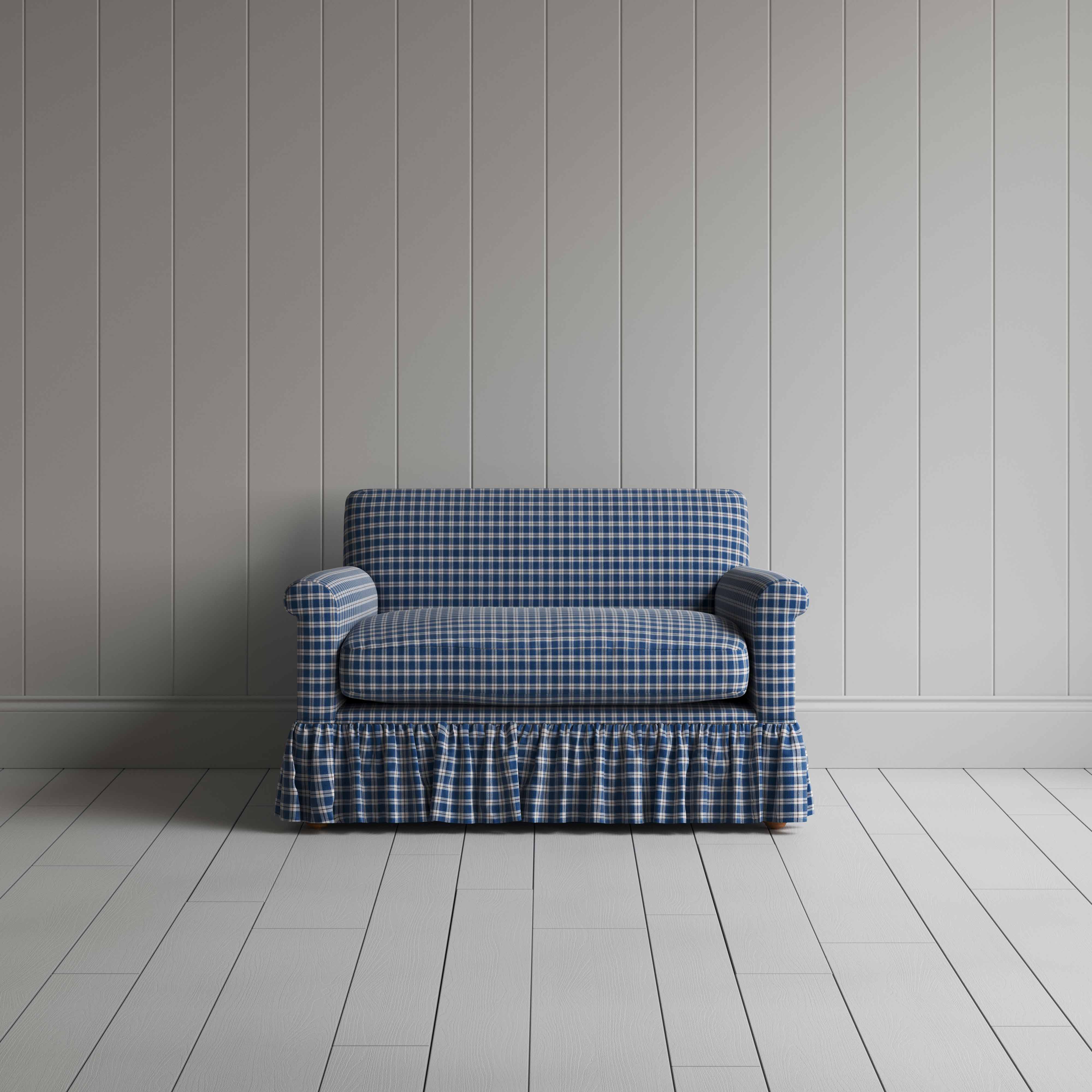  Curtain Call Love Seat in Well Plaid Cotton, Blue Brown - Nicola Harding 