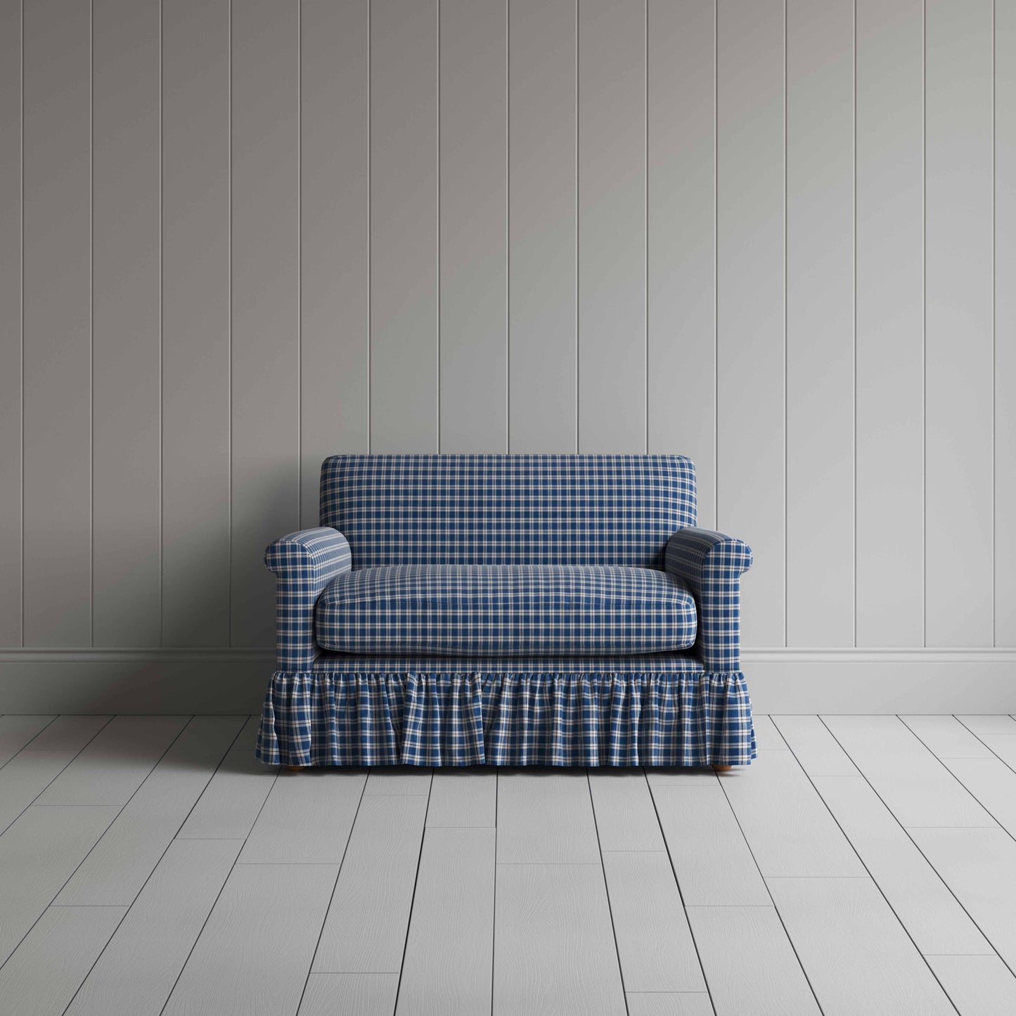 Curtain Call Love Seat in Well Plaid Cotton, Blue Brown - Nicola Harding