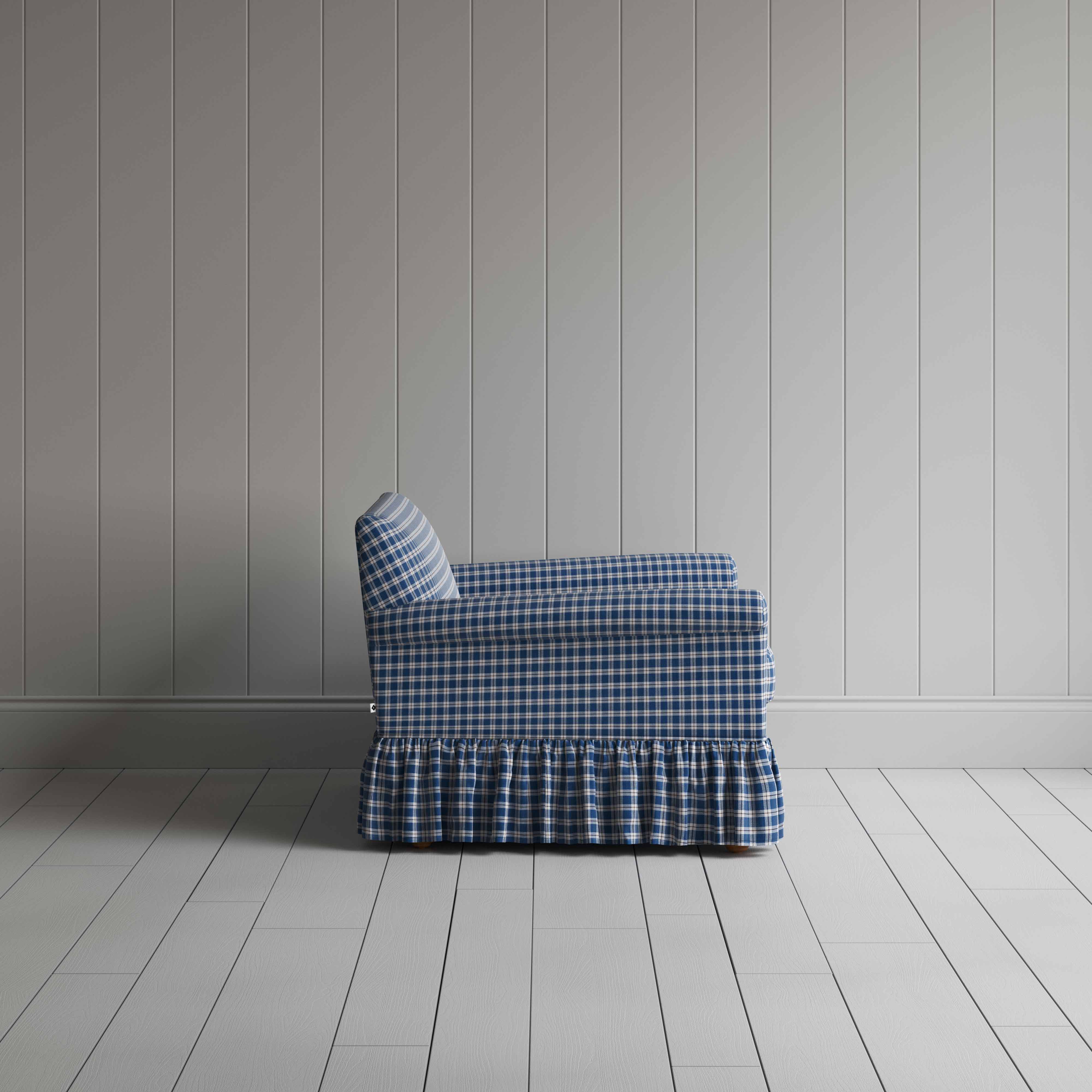  Curtain Call Love Seat in Well Plaid Cotton, Blue Brown - Nicola Harding 