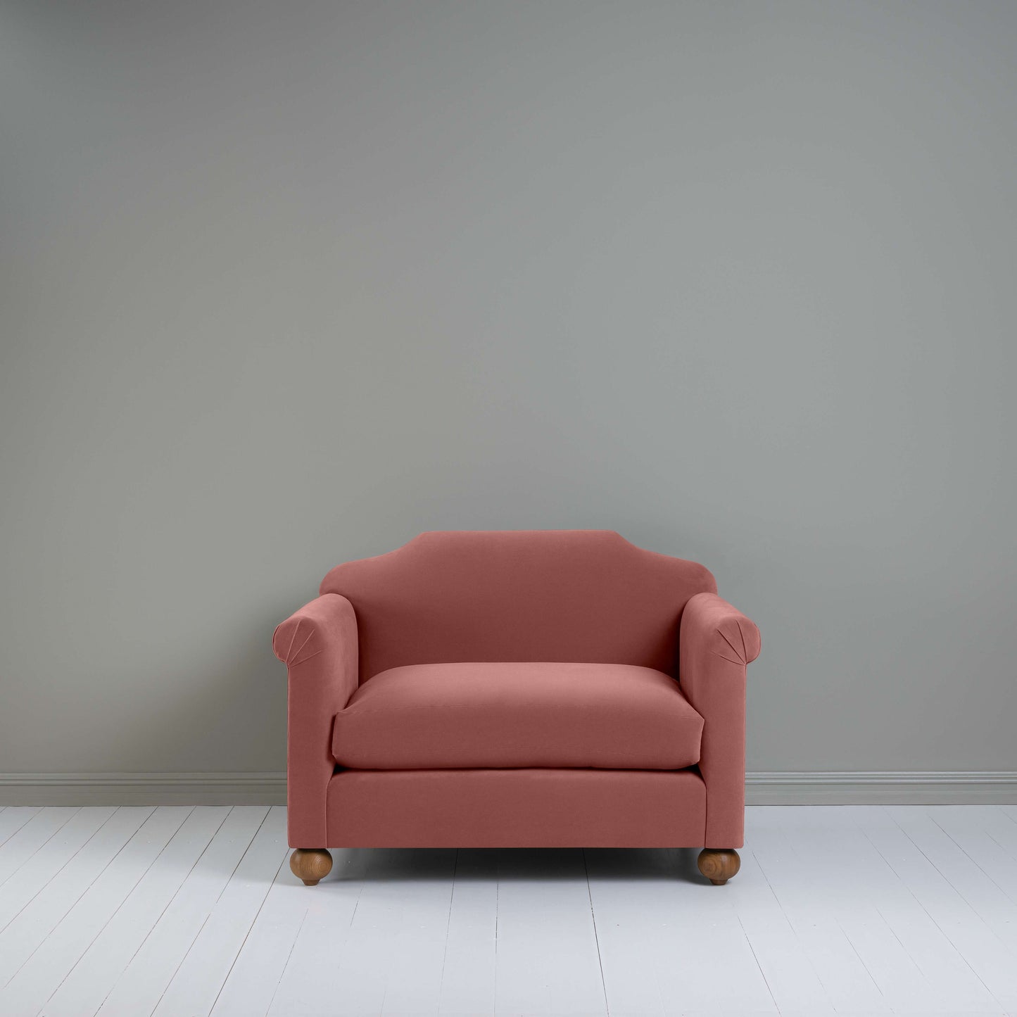Dolittle Love Seat in Intelligent Velvet Damson, Front View - Nicola Harding