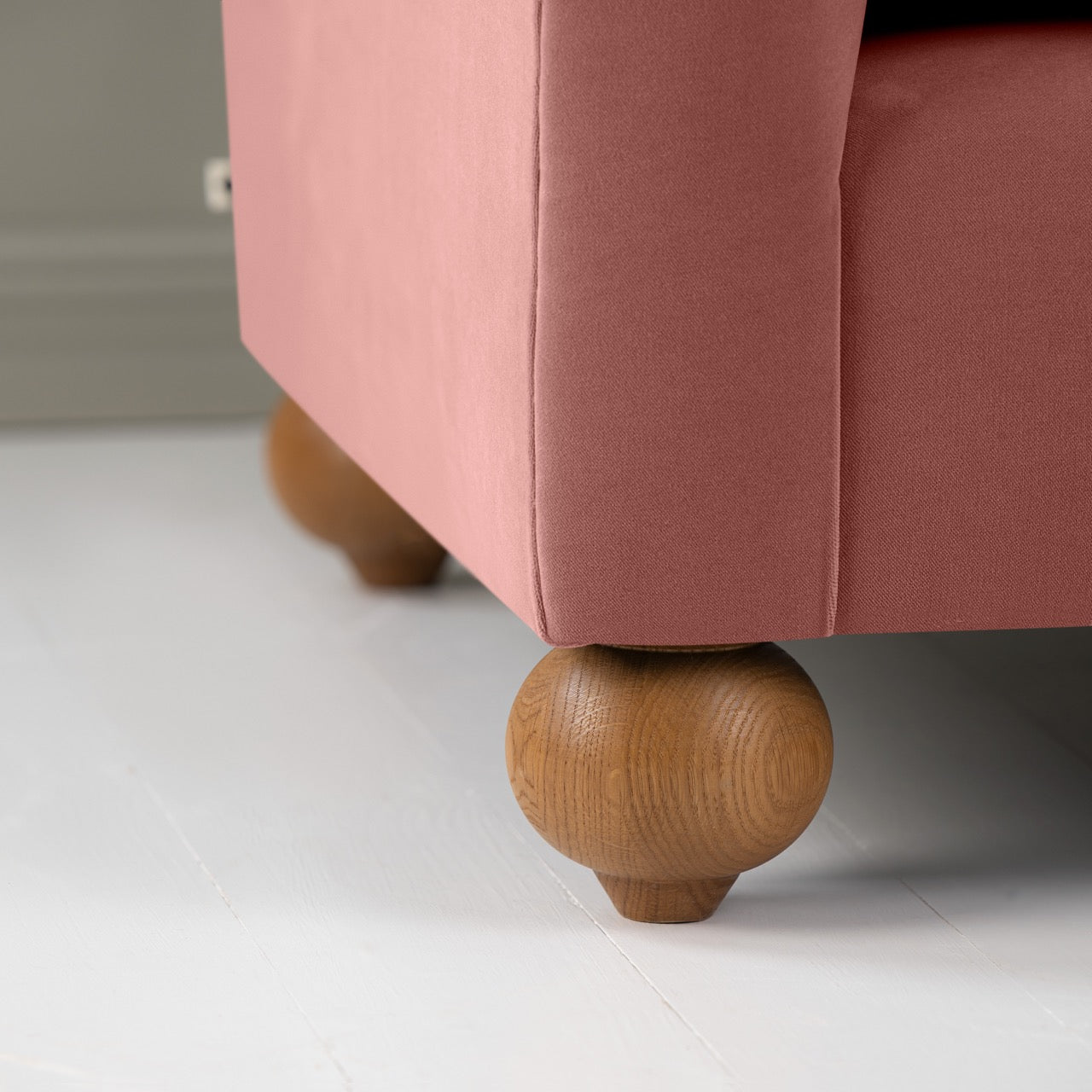 Dolittle Love Seat in Intelligent Velvet Damson, Round Wooden Foot Closeup - Nicola Harding