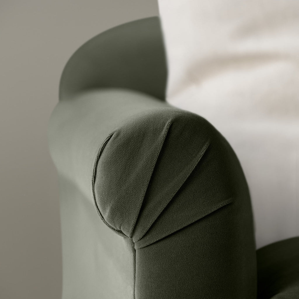  Dolittle Love Seat in Intelligent Velvet Seaweed, Arm Design Closeup - Nicola Harding 