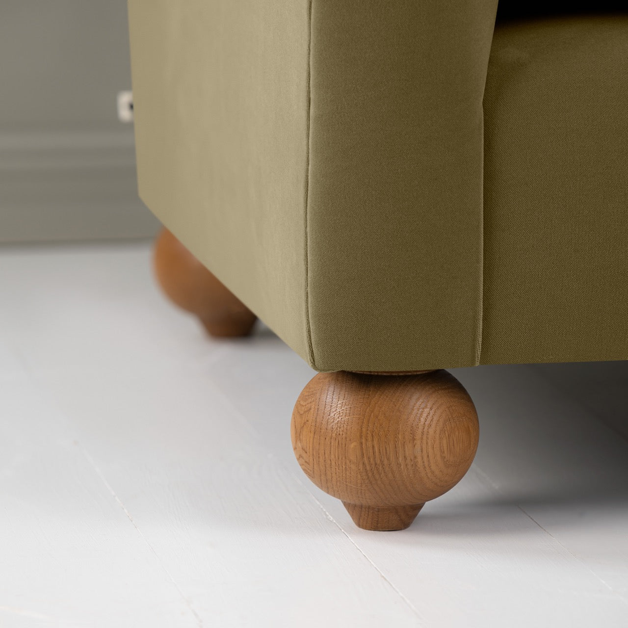  Dolittle Love Seat in Intelligent Velvet Sepia, Round Wooden Foot Closeup - Nicola Harding 