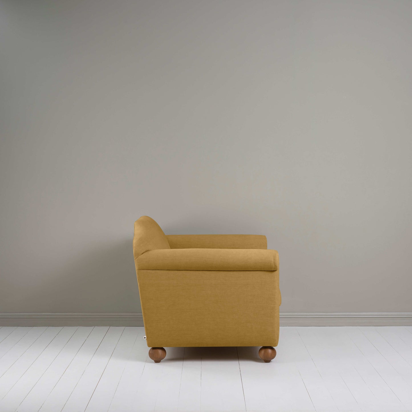 Dolittle Love Seat in Laidback Linen Ochre, Side View - Nicola Harding