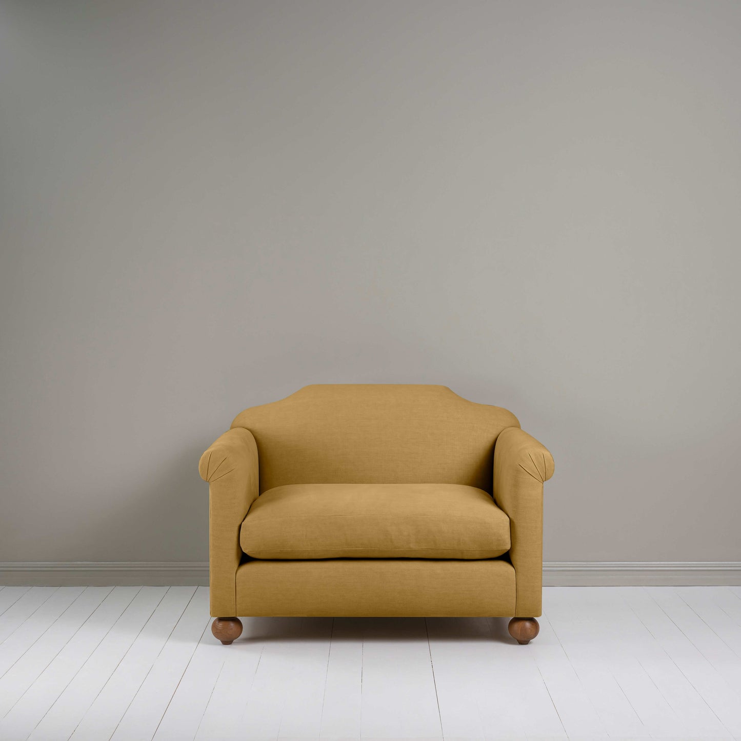 Dolittle Love Seat in Laidback Linen Ochre, Front View - Nicola Harding