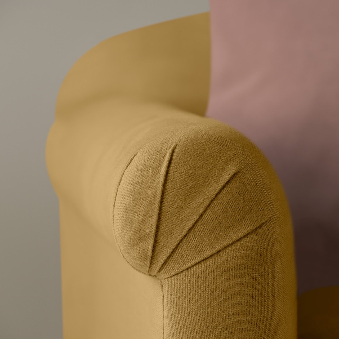 Dolittle Love Seat in Laidback Linen Ochre, Arm Design Closeup - Nicola Harding 