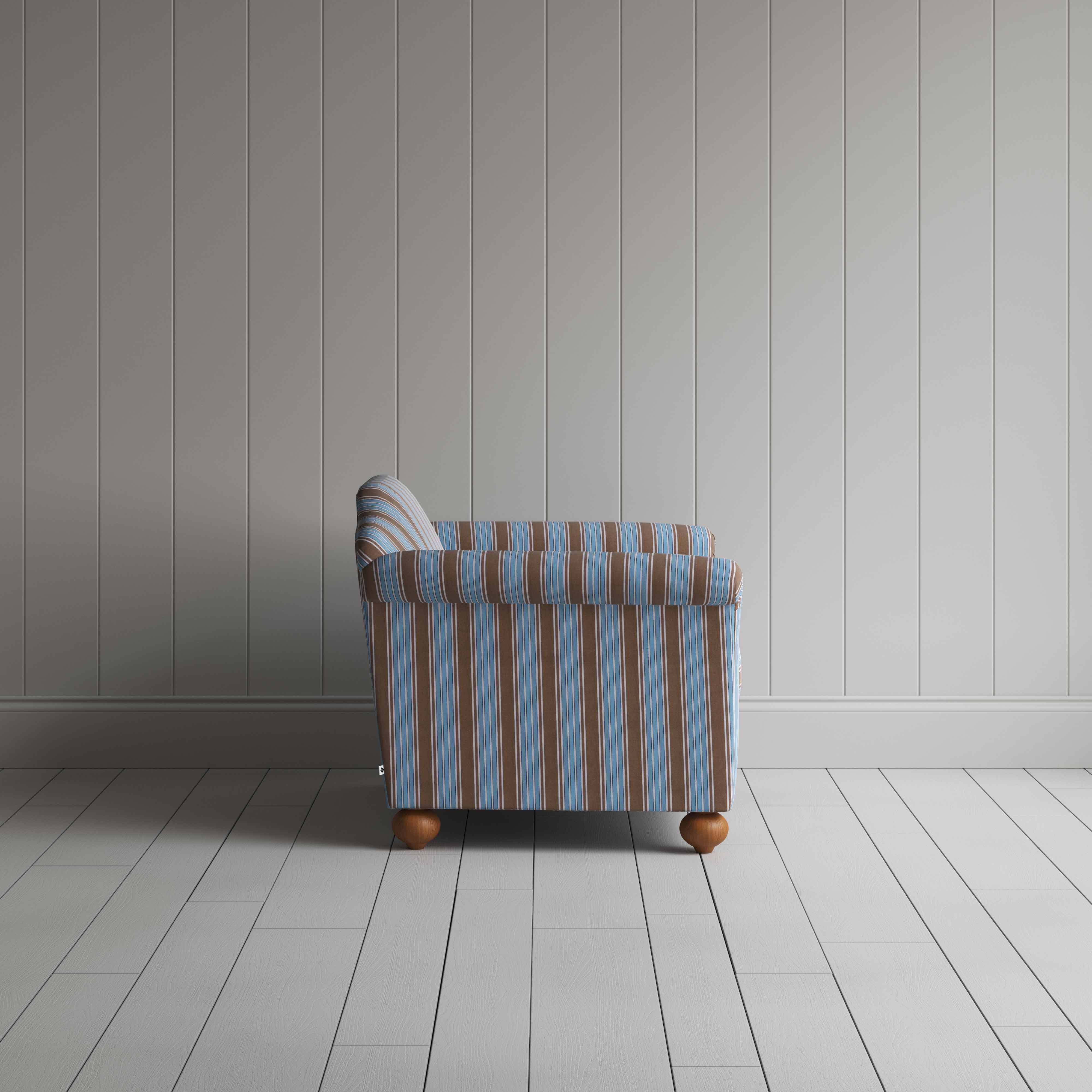  Dolittle Love Seat in Regatta Cotton, Blue, Side View - Nicola Harding 