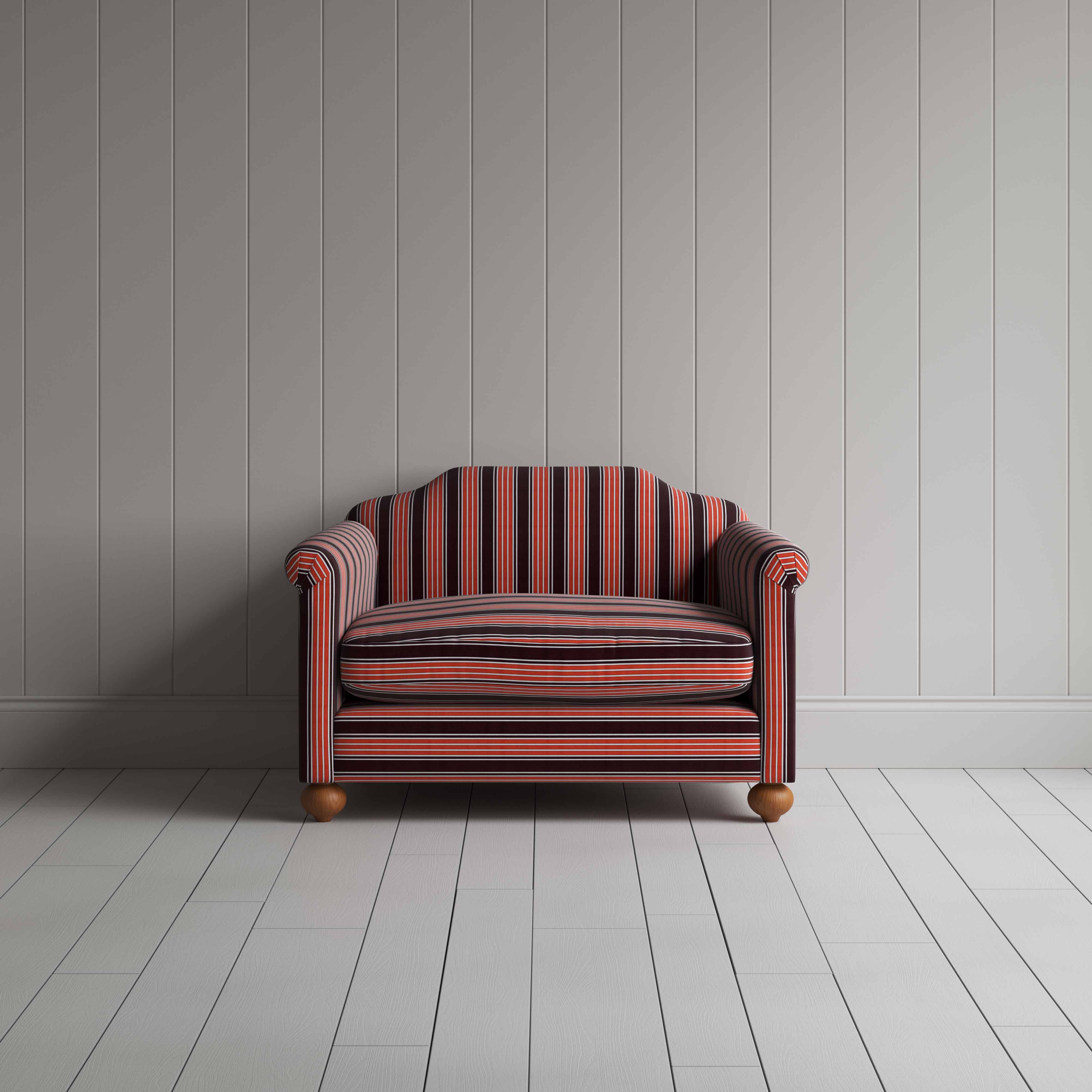  Dolittle Love Seat in Regatta Cotton, Flame, Front View - Nicola Harding 