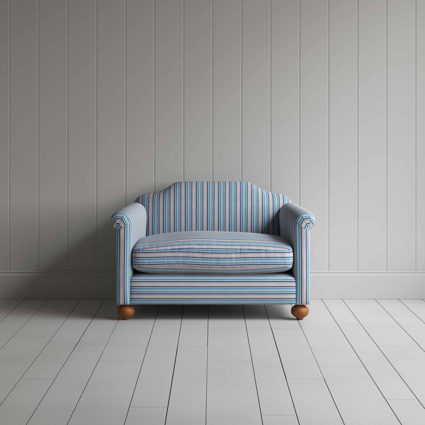Dolittle Love Seat in Slow Lane Cotton Linen, Blue, Front View - Nicola Harding