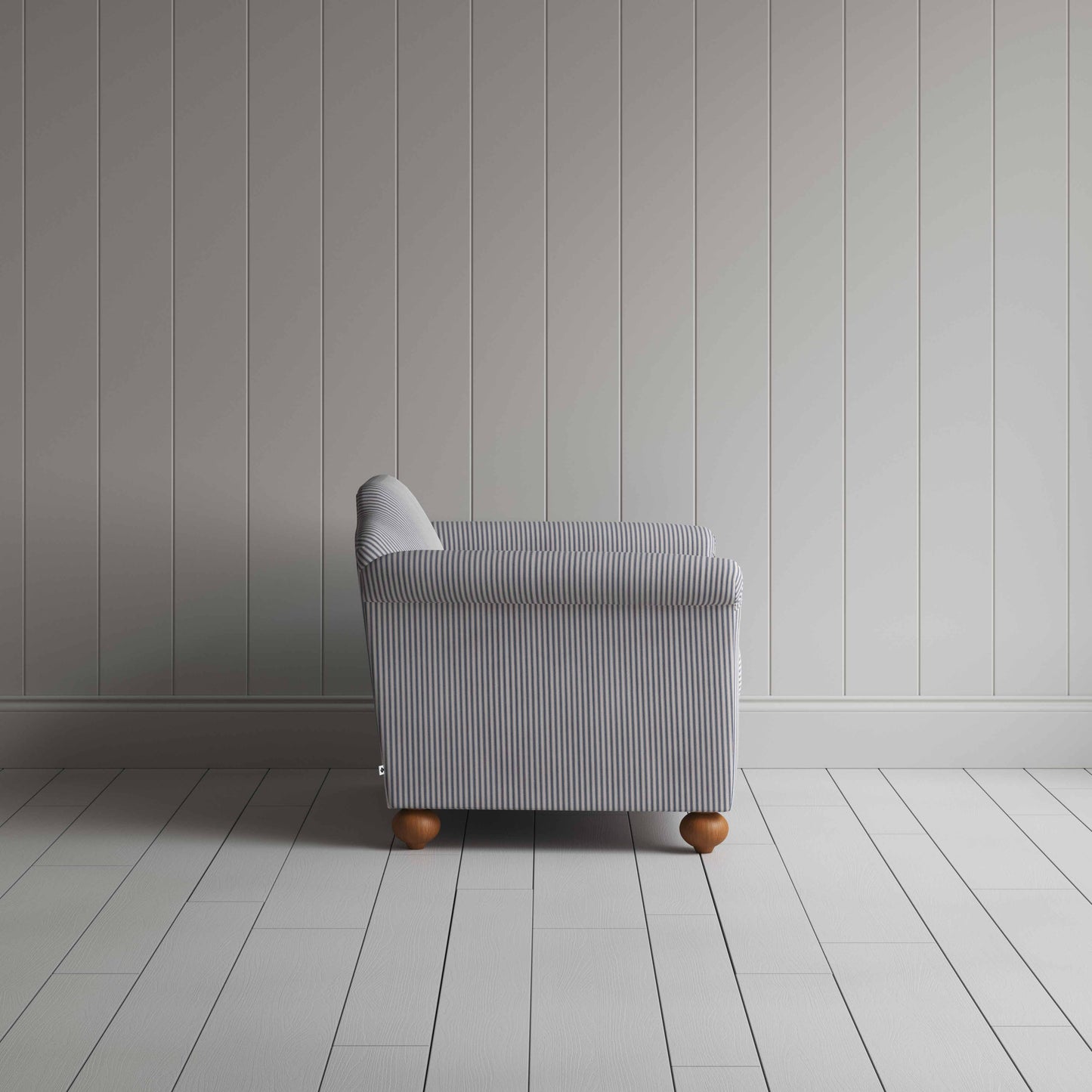 Dolittle Love Seat in Ticking Cotton, Blue Brown, Side View - Nicola Harding