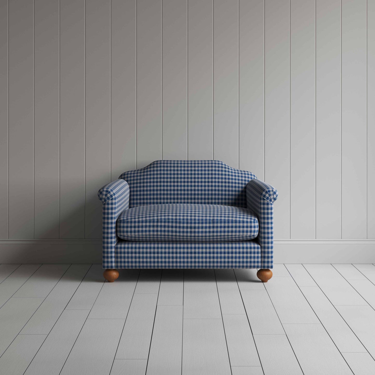 Dolittle Love Seat in Well Plaid Cotton, Blue Brown, Front View - Nicola Harding
