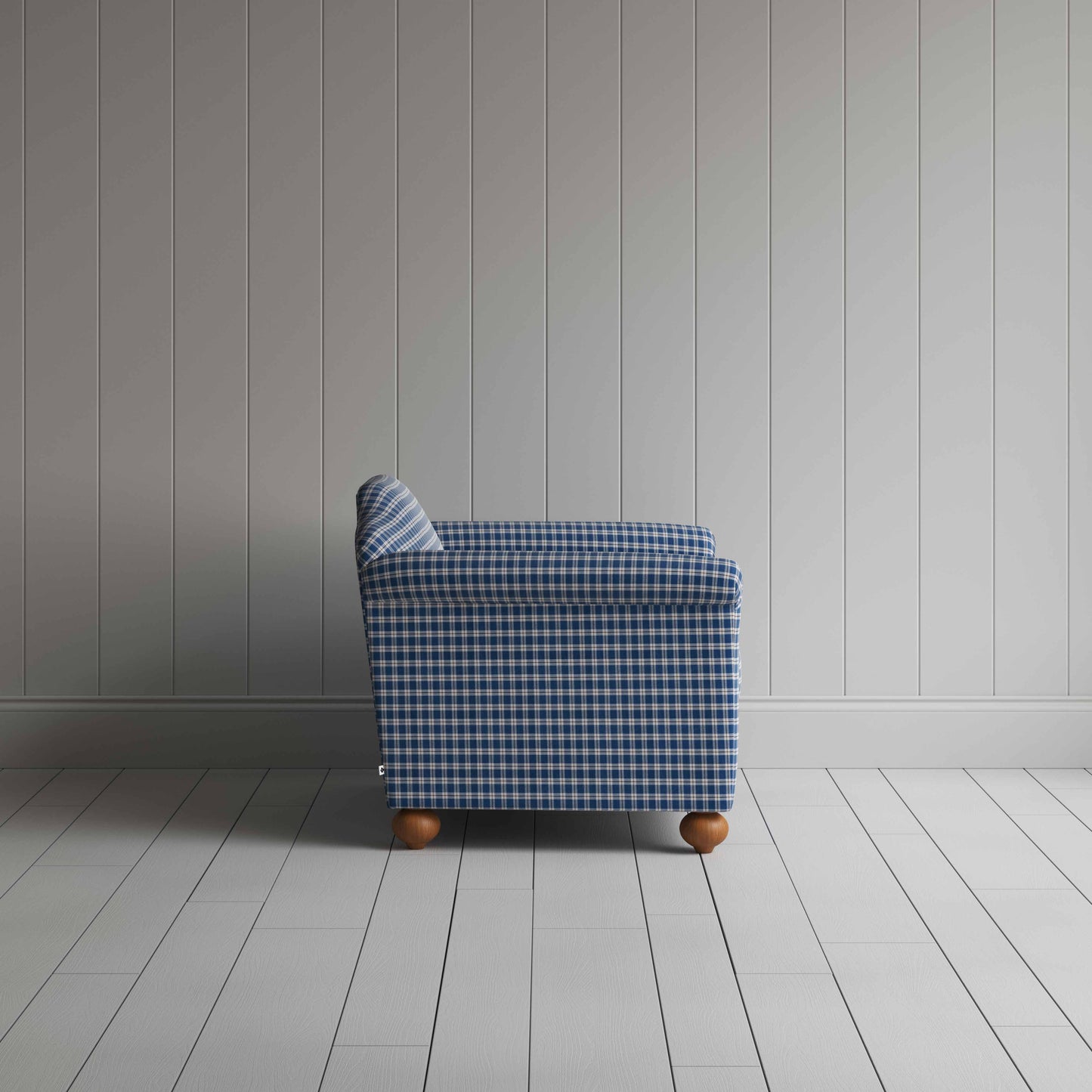 Dolittle Love Seat in Well Plaid Cotton, Blue Brown, Side View - Nicola Harding